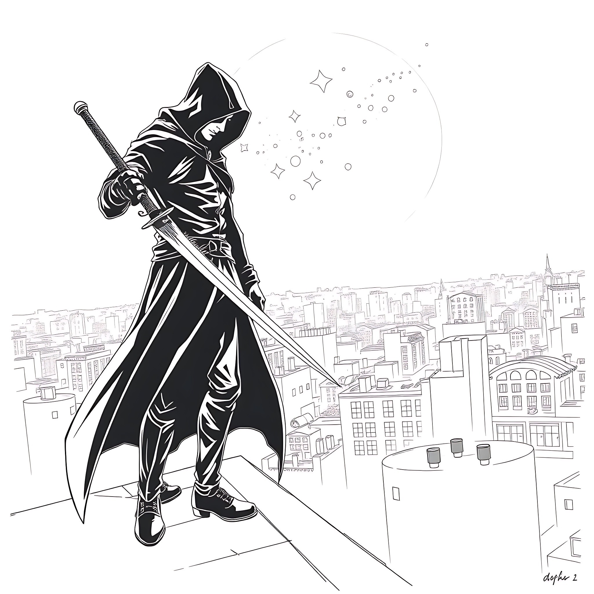 Assassin overlooking the city at night Coloring Page (free black-and-white line drawing printable PDF for all, from beginners to advanced learners, including children, teens, adults, and seniors)
