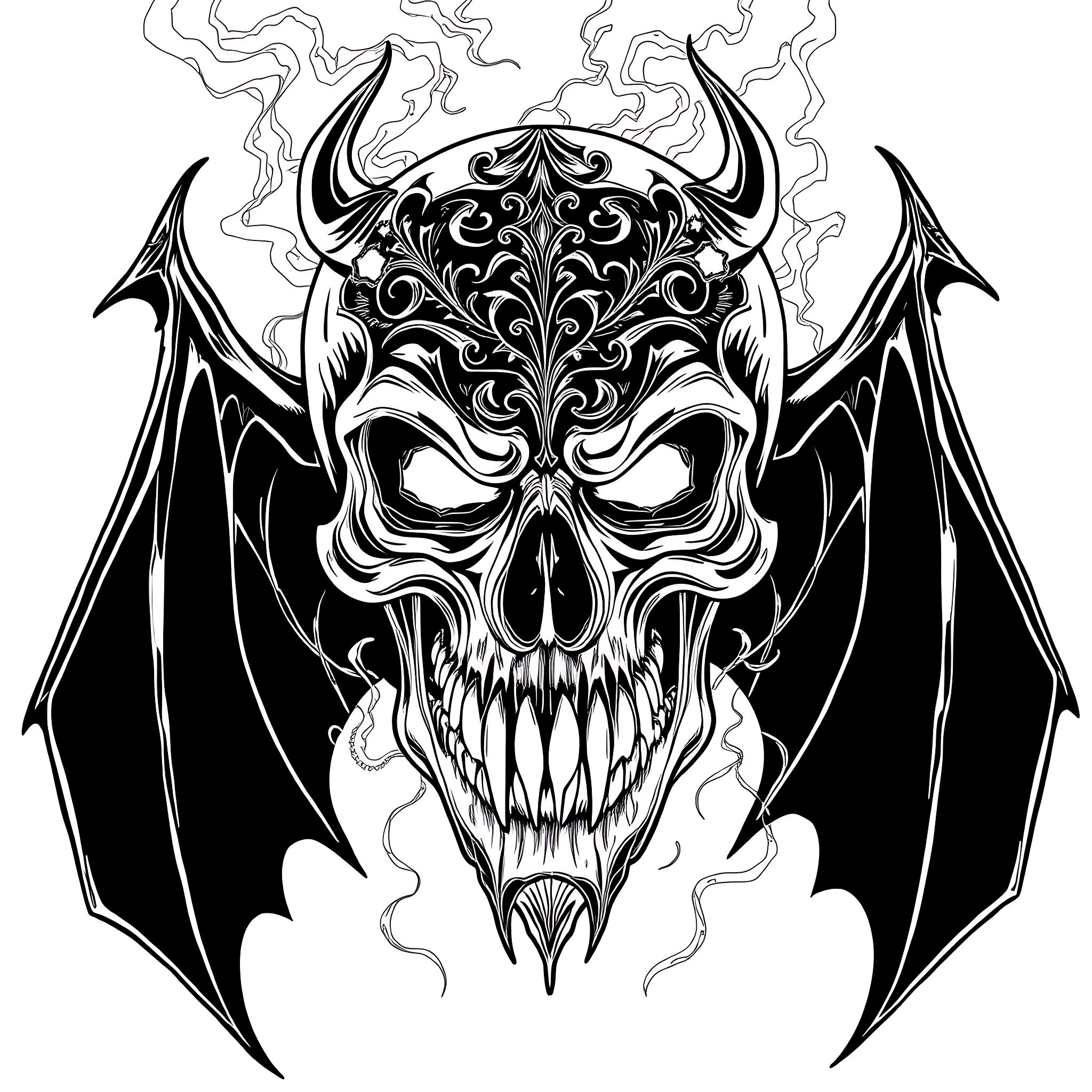 Skull of a Demonic Creature with Horns and Bat Wings Coloring Page (free black-and-white line drawing printable PDF for all, from beginners to advanced learners, including children, teens, adults, and seniors)