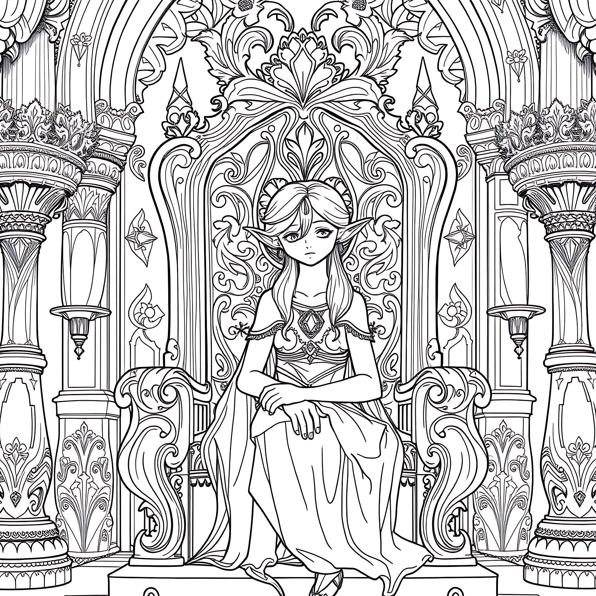 Elf Princess sitting on an Ornate Throne Coloring Page (free black-and-white line drawing printable PDF for all, from beginners to advanced learners, including children, teens, adults, and seniors)