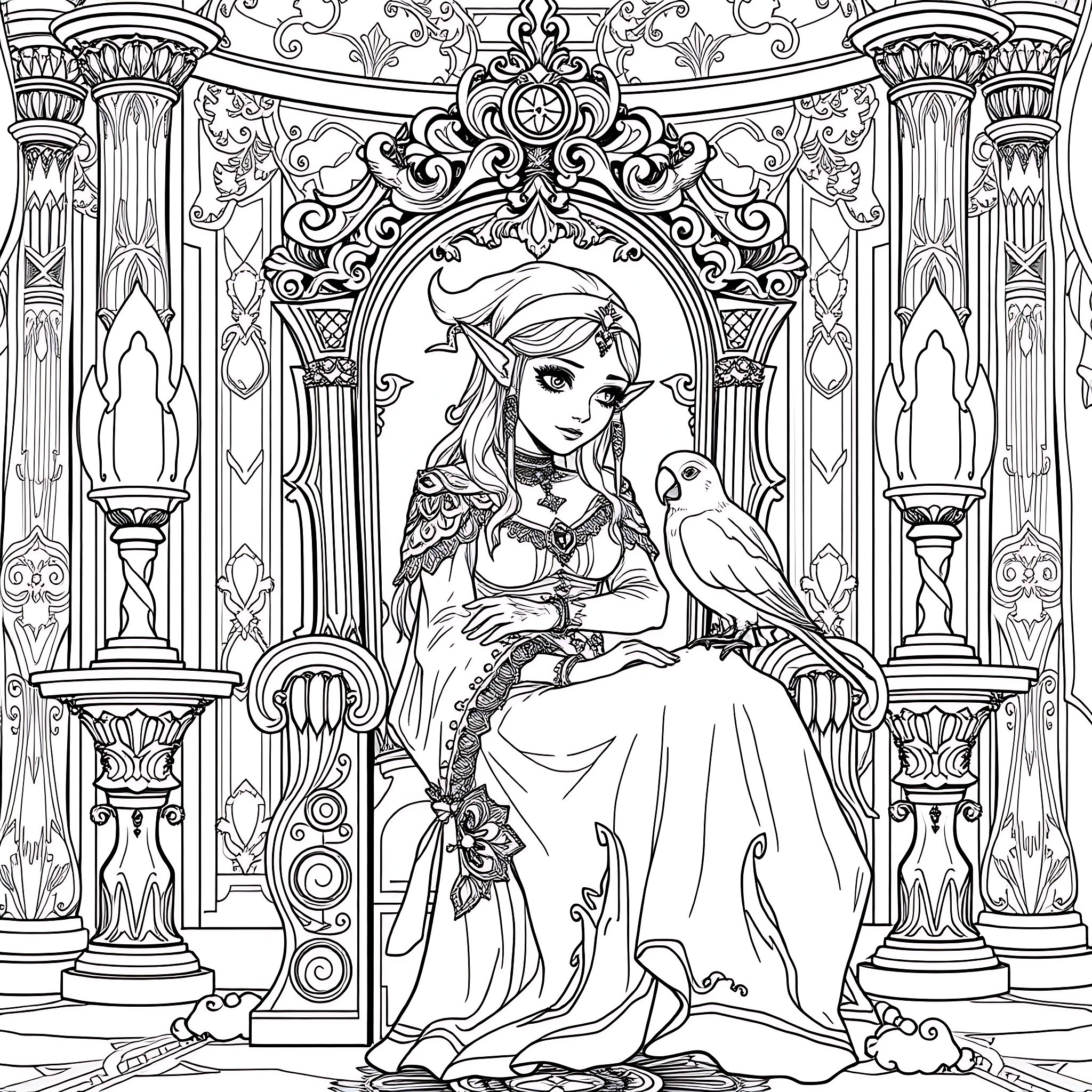 Elf princess in ornate palace with pet bird Coloring Page (free black-and-white line drawing printable PDF for all, from beginners to advanced learners, including children, teens, adults, and seniors)
