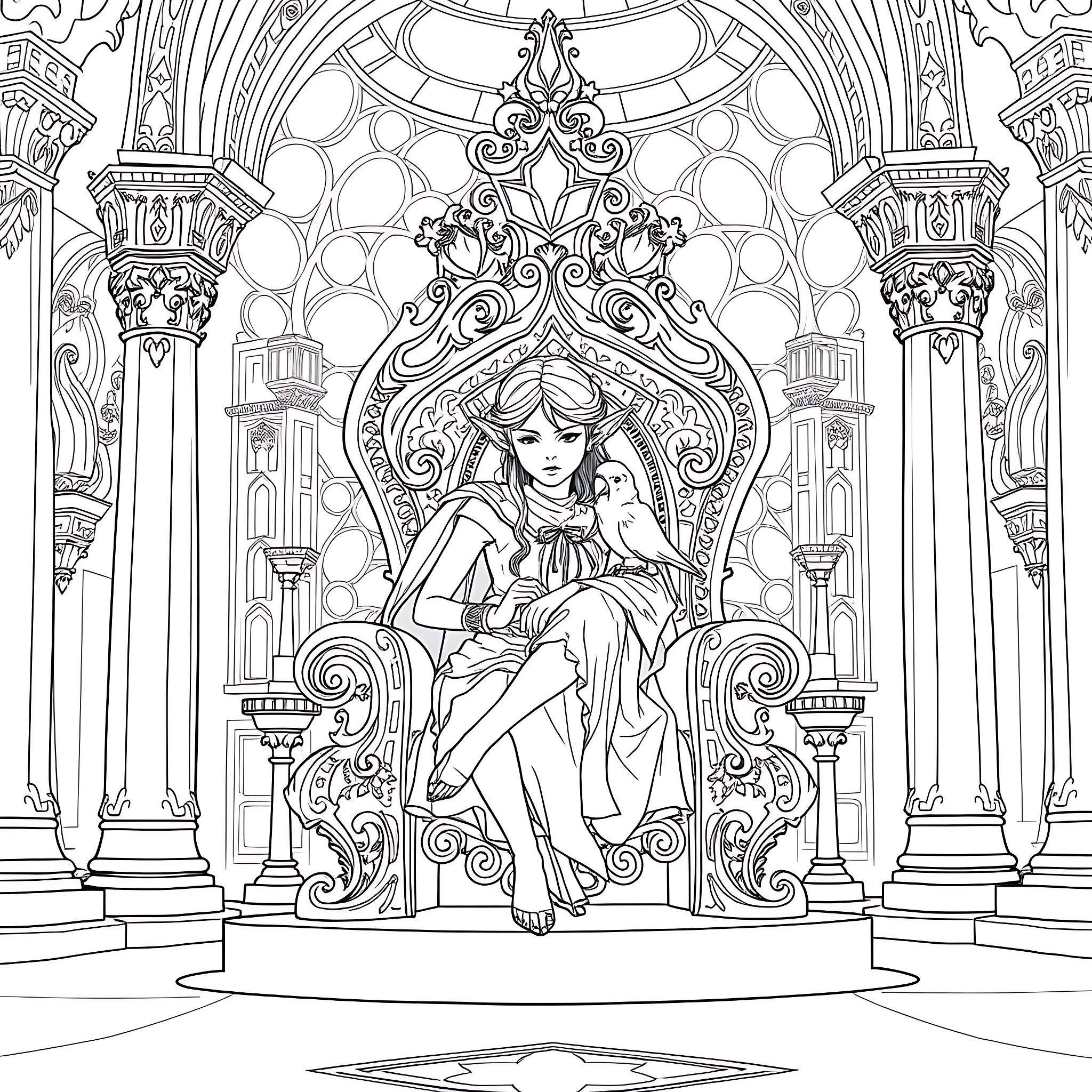 Elf princess sitting on an ornate throne Coloring Page (free black-and-white line drawing printable PDF for all, from beginners to advanced learners, including children, teens, adults, and seniors)