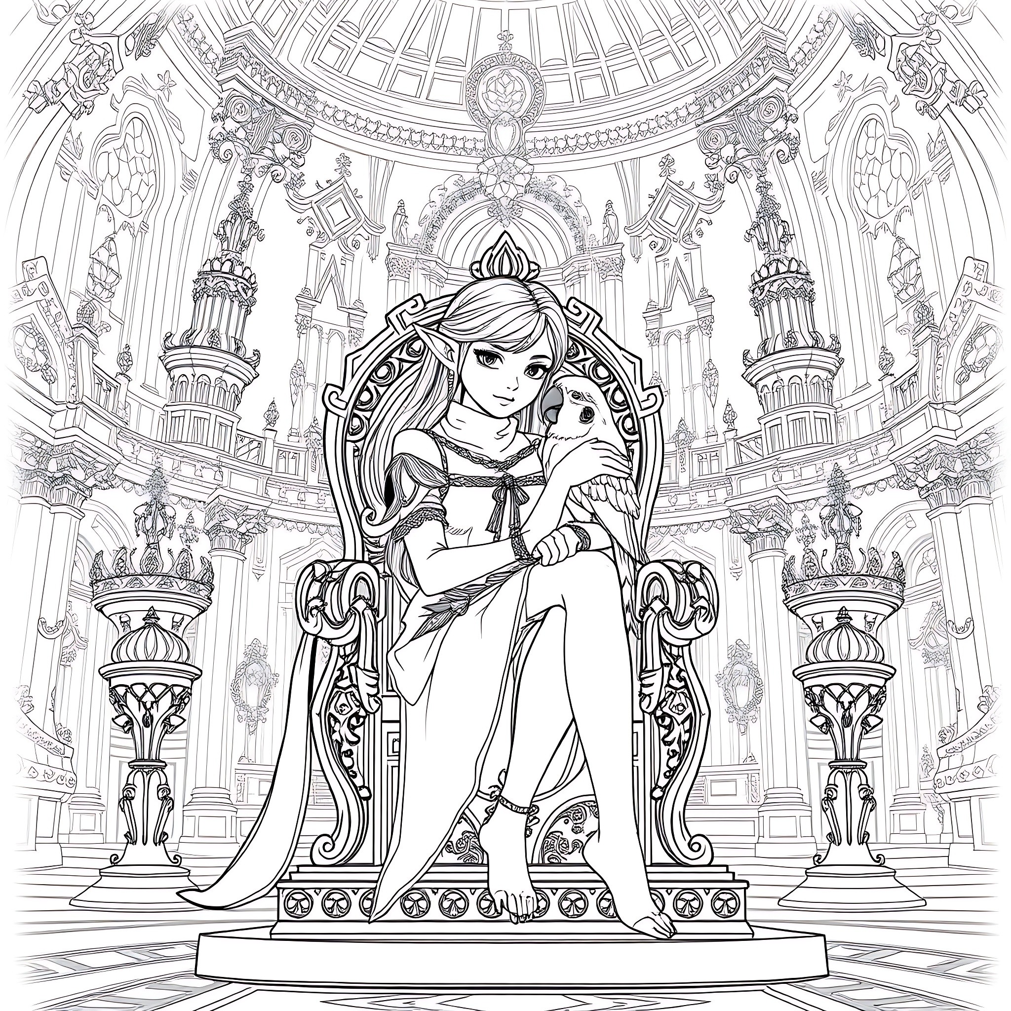 Teenage Girl Elf in Ornate Fantasy Palace Coloring Page (free black-and-white line drawing printable PDF for all, from beginners to advanced learners, including children, teens, adults, and seniors)
