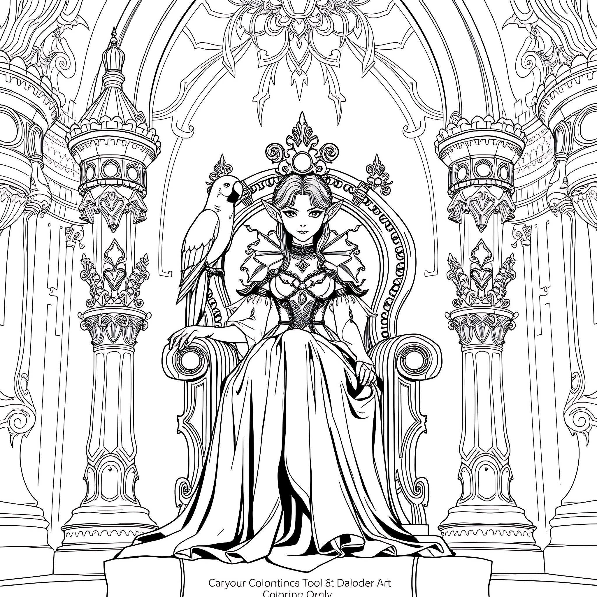 Teenage Girl Elf in Ornate Throne Room Coloring Page (free black-and-white line drawing printable PDF for all, from beginners to advanced learners, including children, teens, adults, and seniors)
