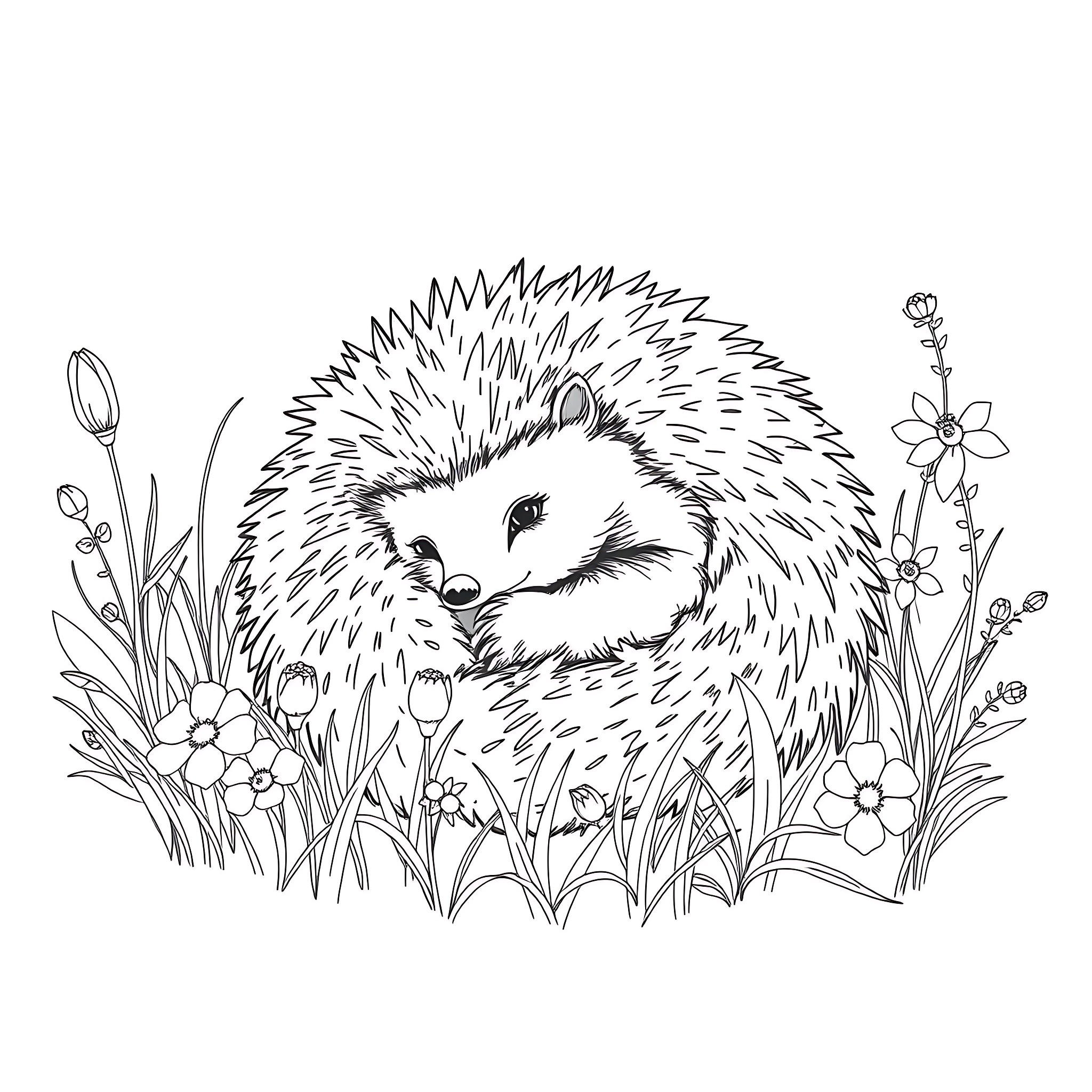 Hedgehog resting peacefully in the flowery meadow Coloring Page (free black-and-white line drawing printable PDF for all, from beginners to advanced learners, including children, teens, adults, and seniors)