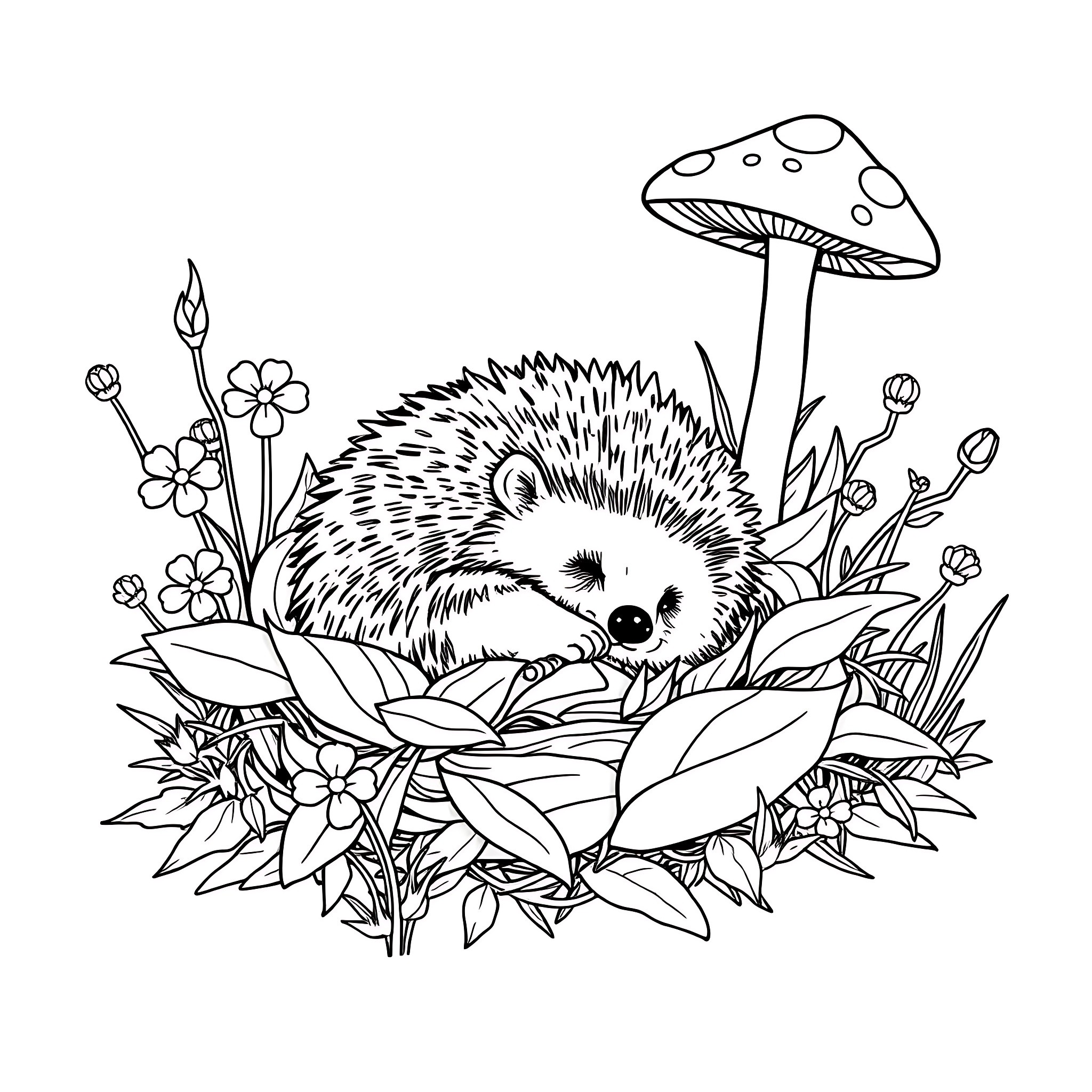 Hedgehog resting in a floral garden Coloring Page (free black-and-white line drawing printable PDF for all, from beginners to advanced learners, including children, teens, adults, and seniors)
