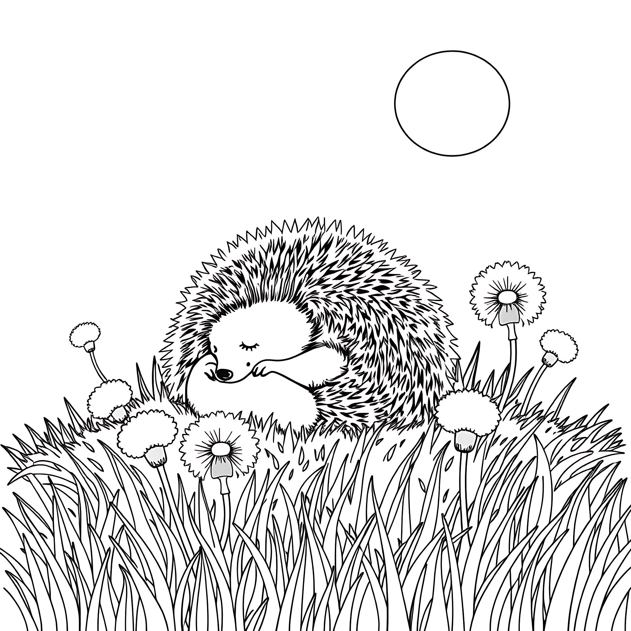 Hedgehog resting in the grass Coloring Page (free black-and-white line drawing printable PDF for all, from beginners to advanced learners, including children, teens, adults, and seniors)