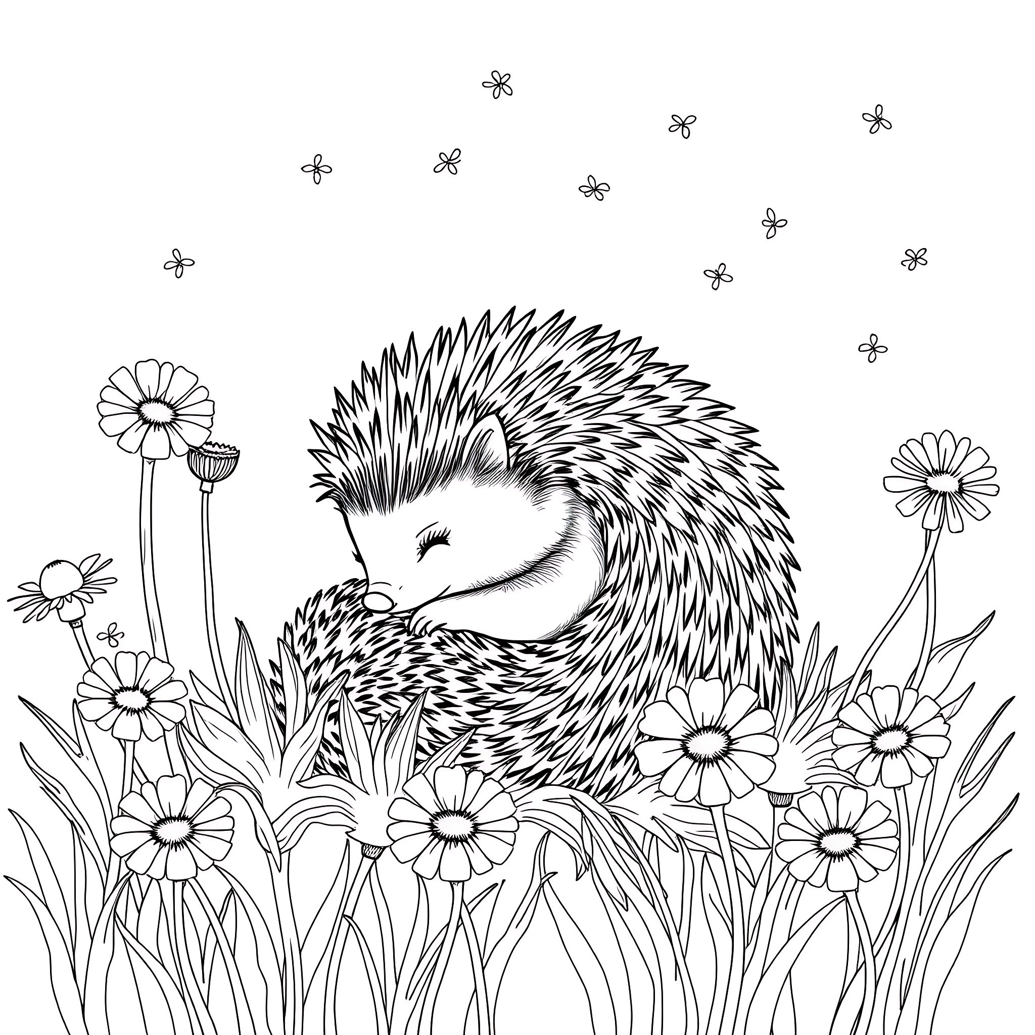 Hedgehog resting in a flower field Coloring Page (free black-and-white line drawing printable PDF for all, from beginners to advanced learners, including children, teens, adults, and seniors)