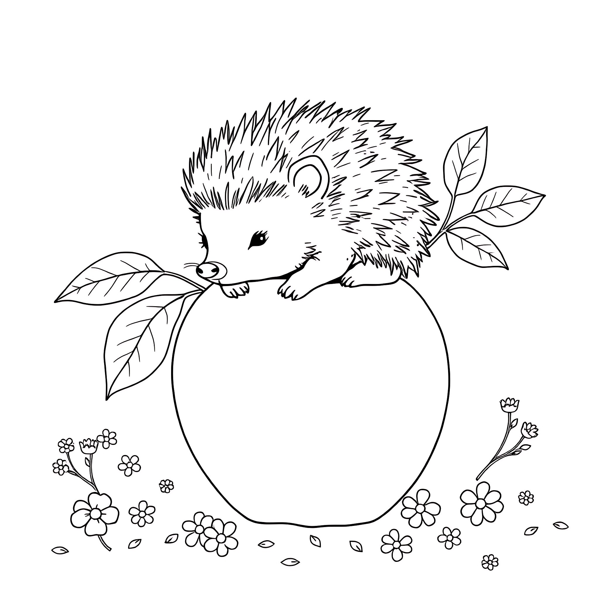 Hedgehog resting on a flower-filled field Coloring Page (free black-and-white line drawing printable PDF for all, from beginners to advanced learners, including children, teens, adults, and seniors)