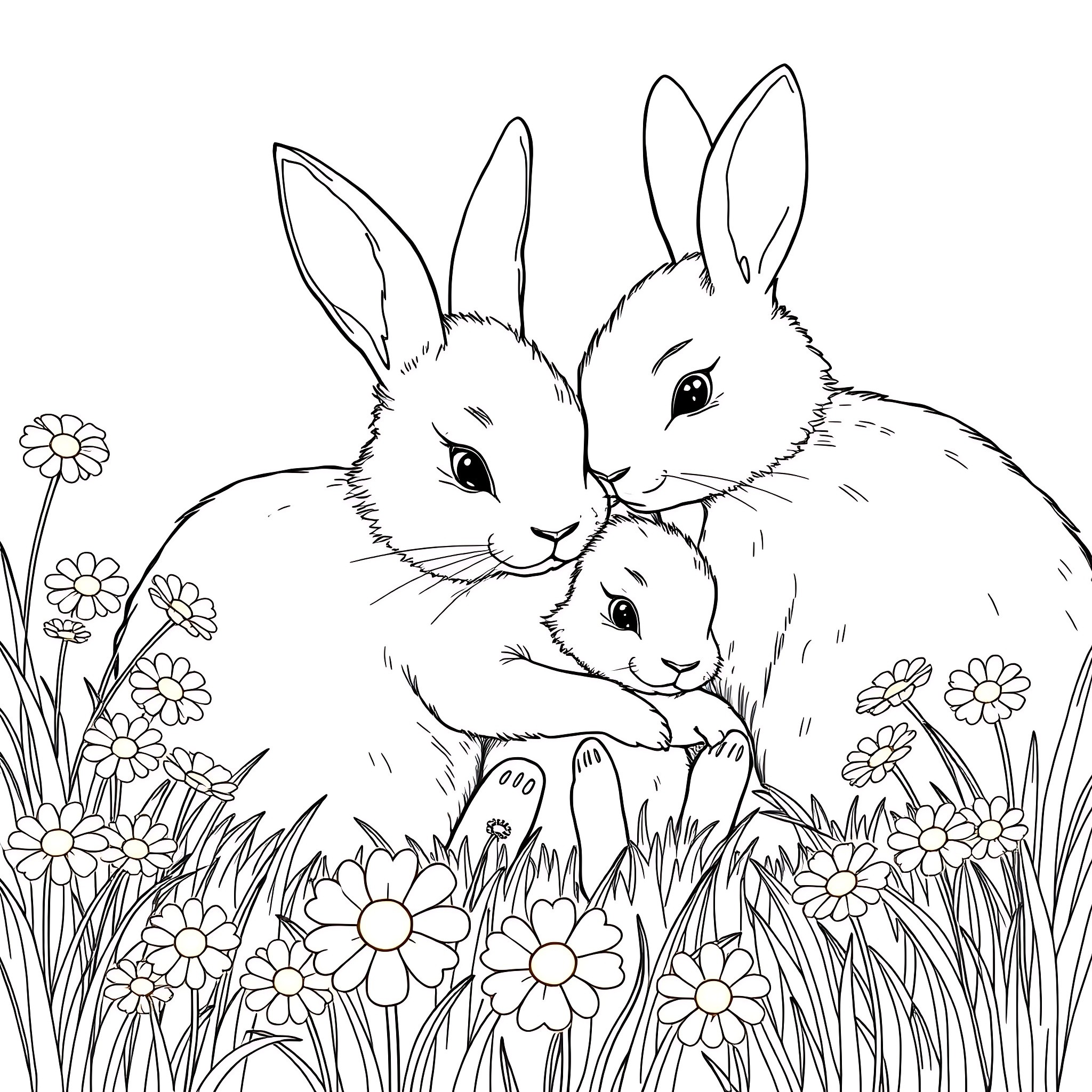 Rabbit Family Enjoying Flowers in the Meadow Coloring Page (free black-and-white line drawing printable PDF for all, from beginners to advanced learners, including children, teens, adults, and seniors)
