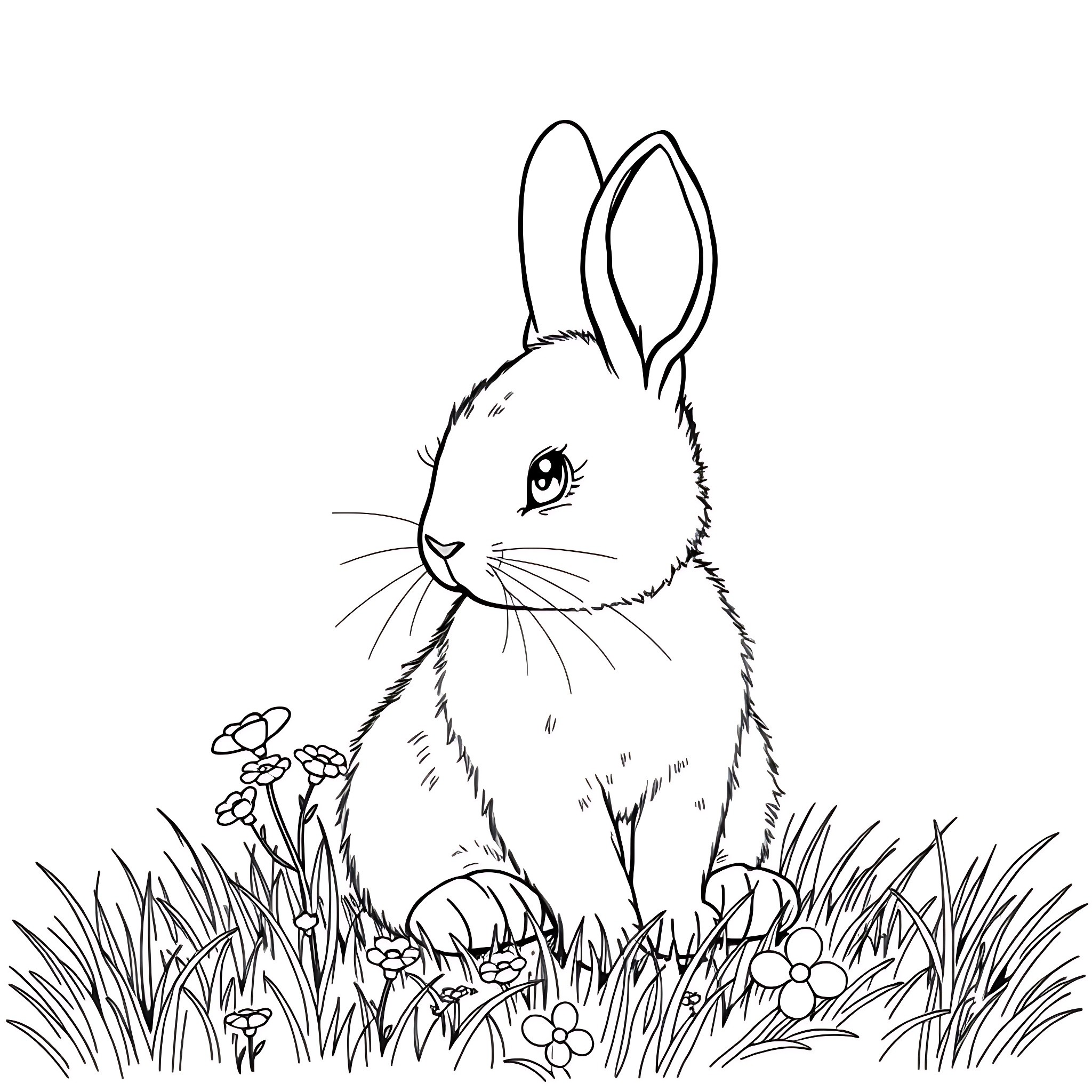 Rabbit sitting in a flower field Coloring Page (free black-and-white line drawing printable PDF for all, from beginners to advanced learners, including children, teens, adults, and seniors)
