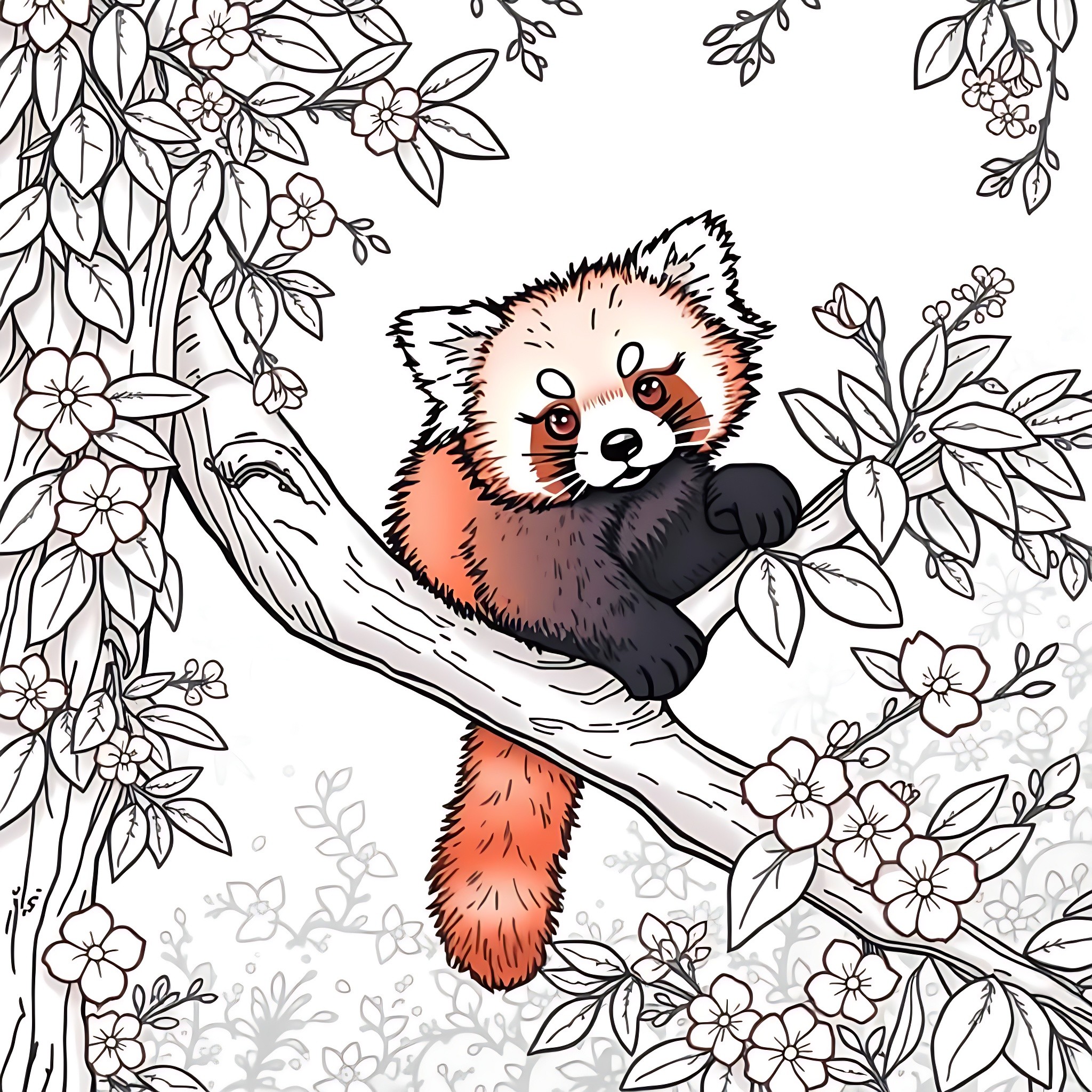Red Panda playing playfully in the flowers Coloring Page (free black-and-white line drawing printable PDF for all, from beginners to advanced learners, including children, teens, adults, and seniors)