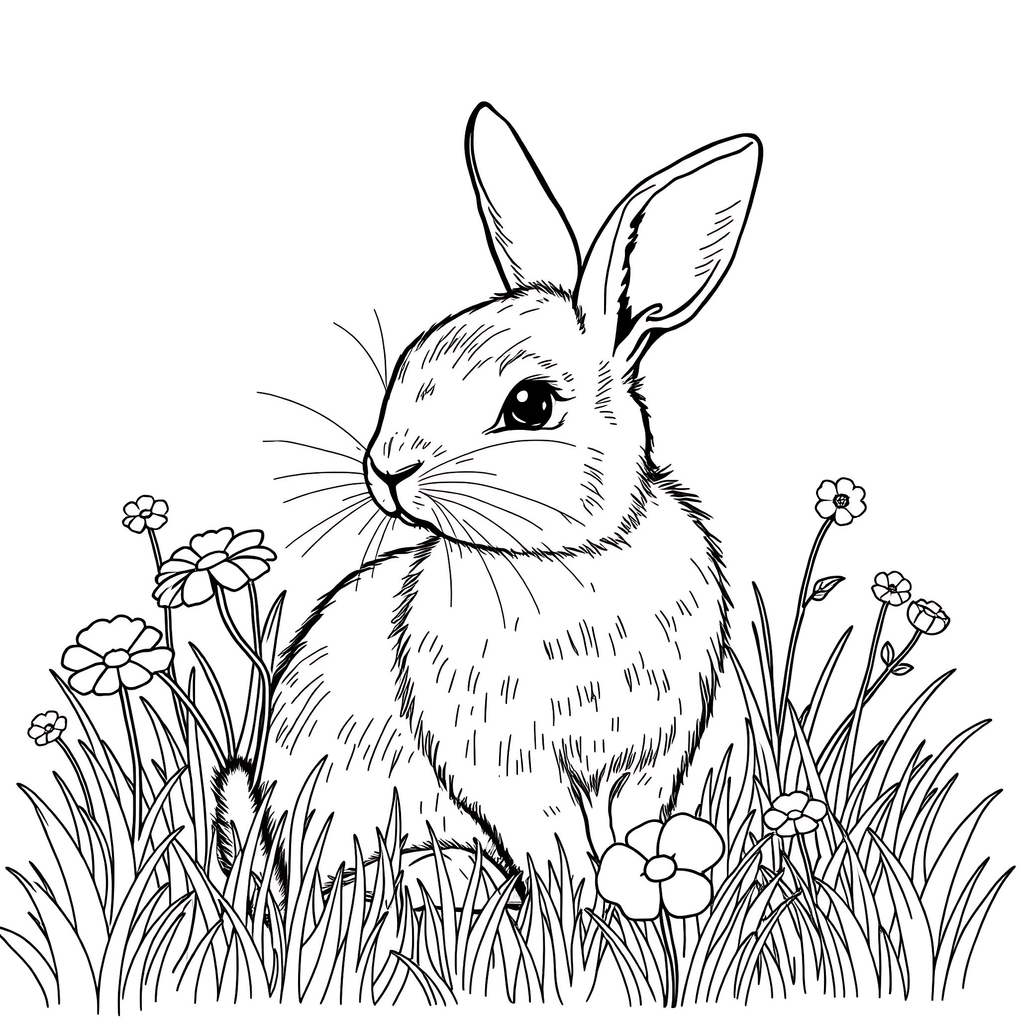 Rabbit sitting in a meadow with flowers Coloring Page (free black-and-white line drawing printable PDF for all, from beginners to advanced learners, including children, teens, adults, and seniors)