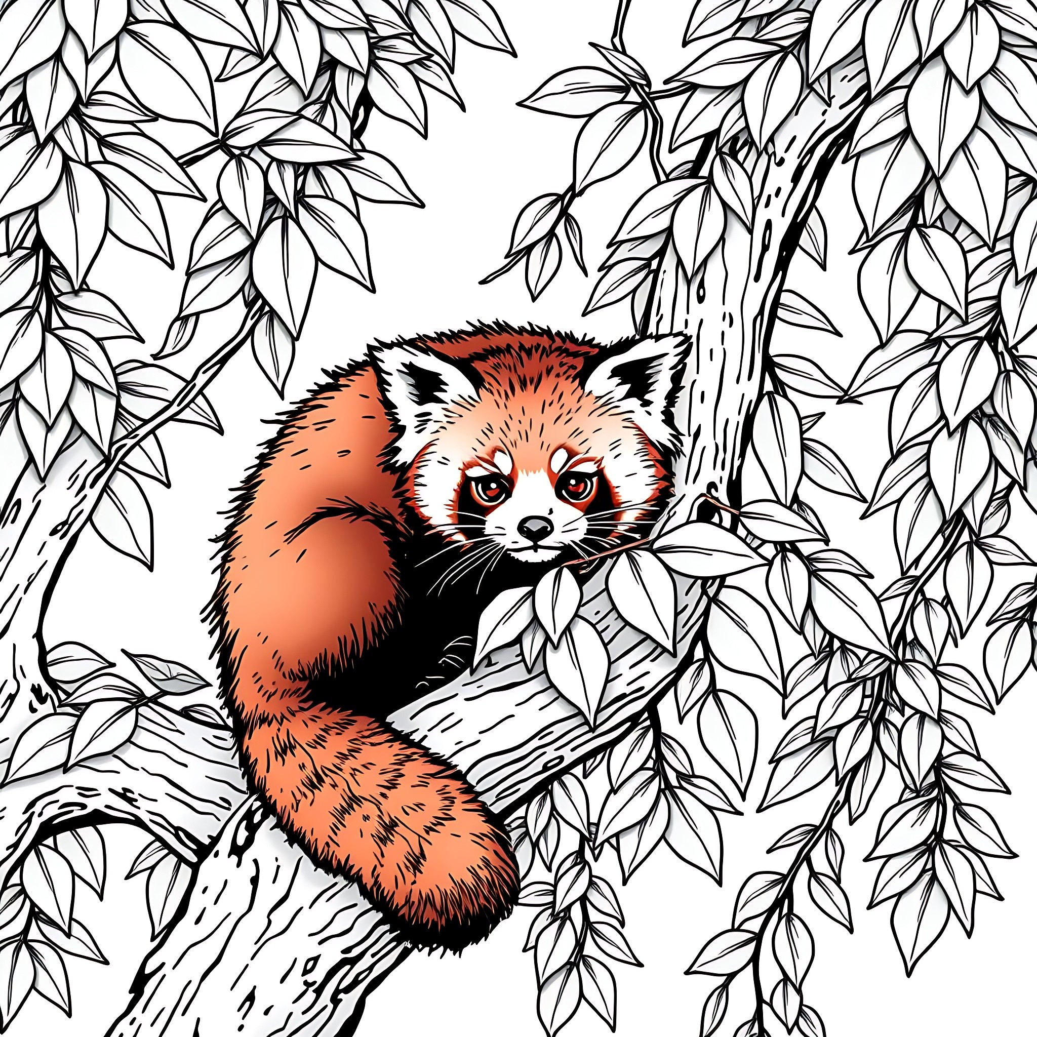 Red Panda exploring the leafy forest Coloring Page (free black-and-white line drawing printable PDF for all, from beginners to advanced learners, including children, teens, adults, and seniors)