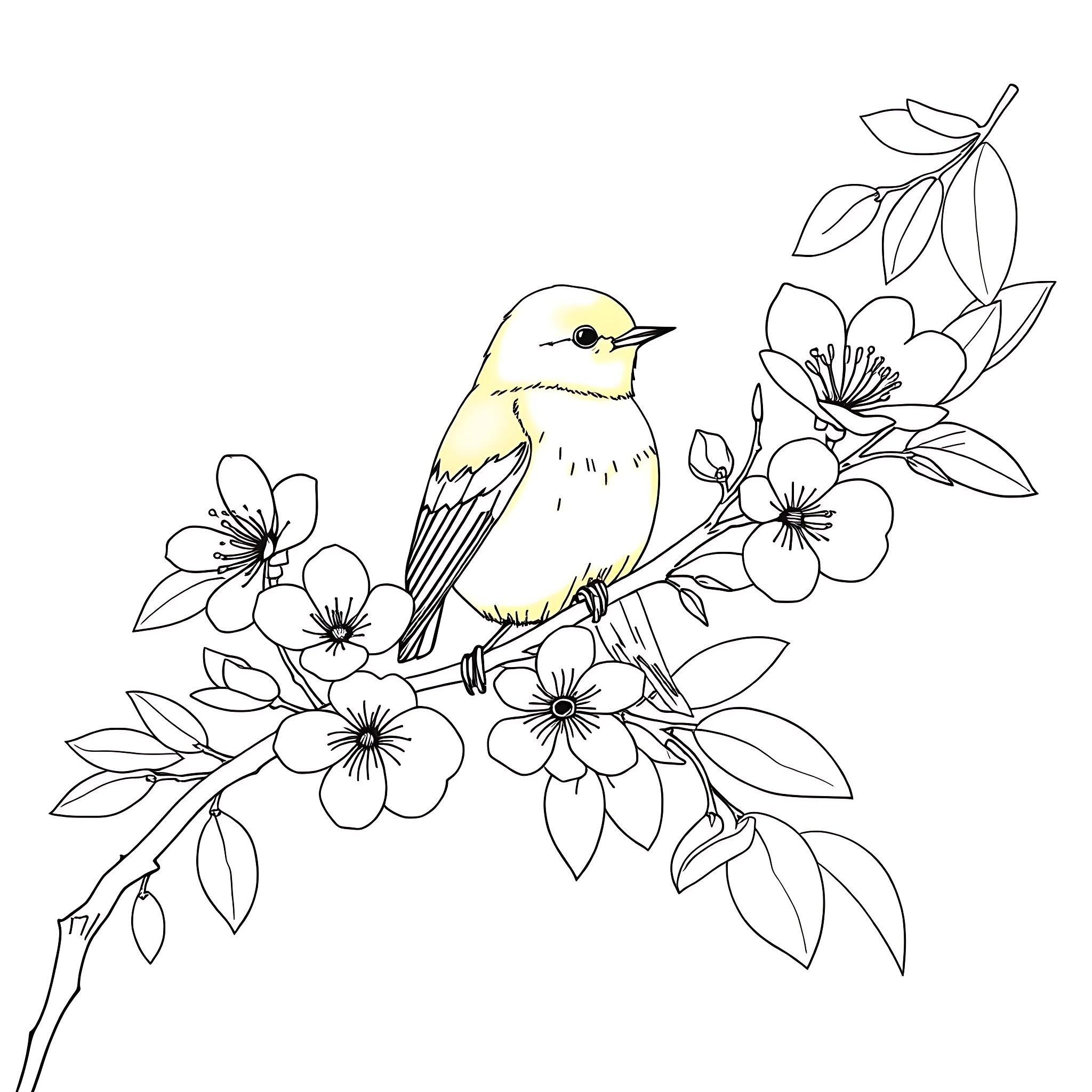 Bird perching on blooming flower branch Coloring Page (free black-and-white line drawing printable PDF for all, from beginners to advanced learners, including children, teens, adults, and seniors)