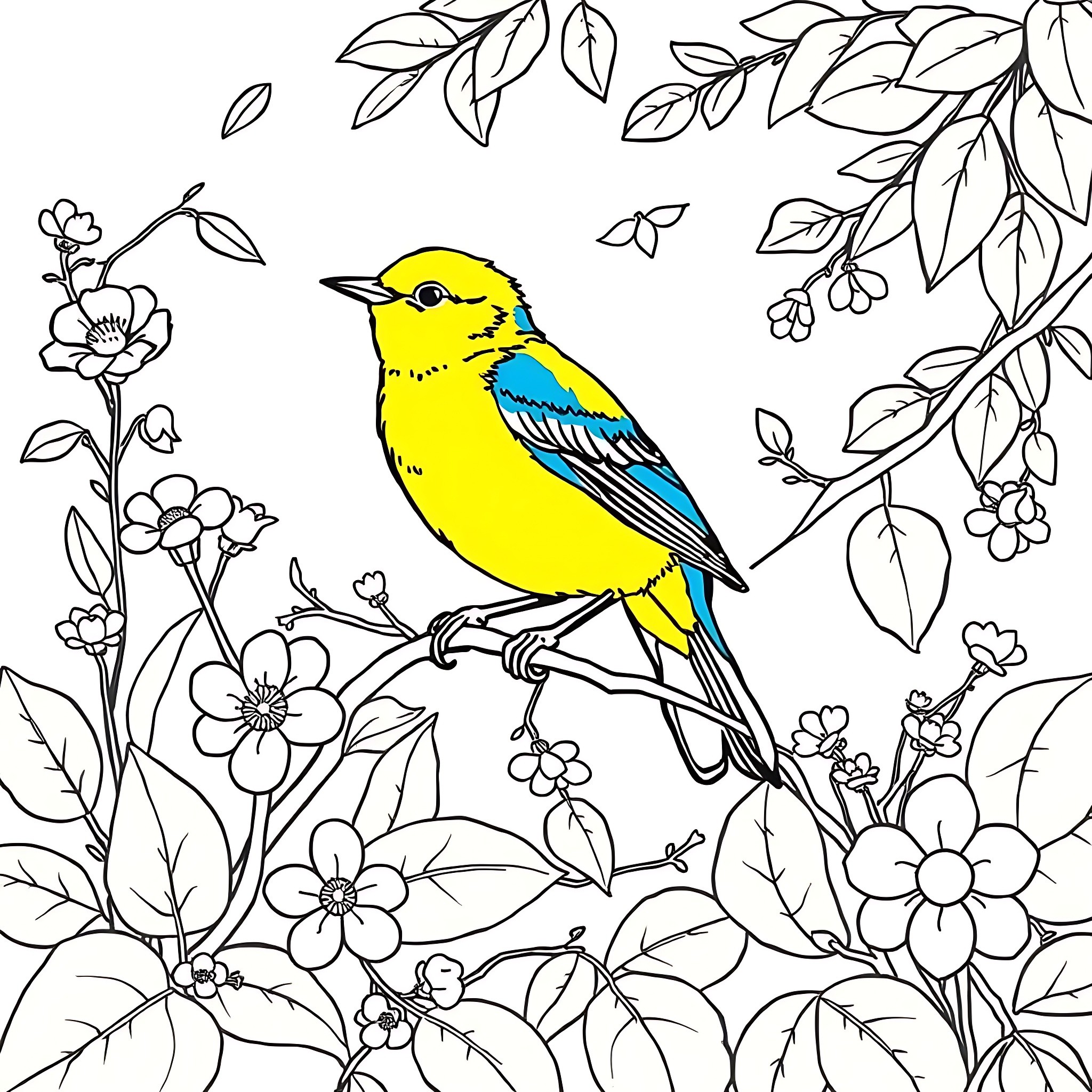 Bird perching among blooming flowers Coloring Page (free black-and-white line drawing printable PDF for all, from beginners to advanced learners, including children, teens, adults, and seniors)