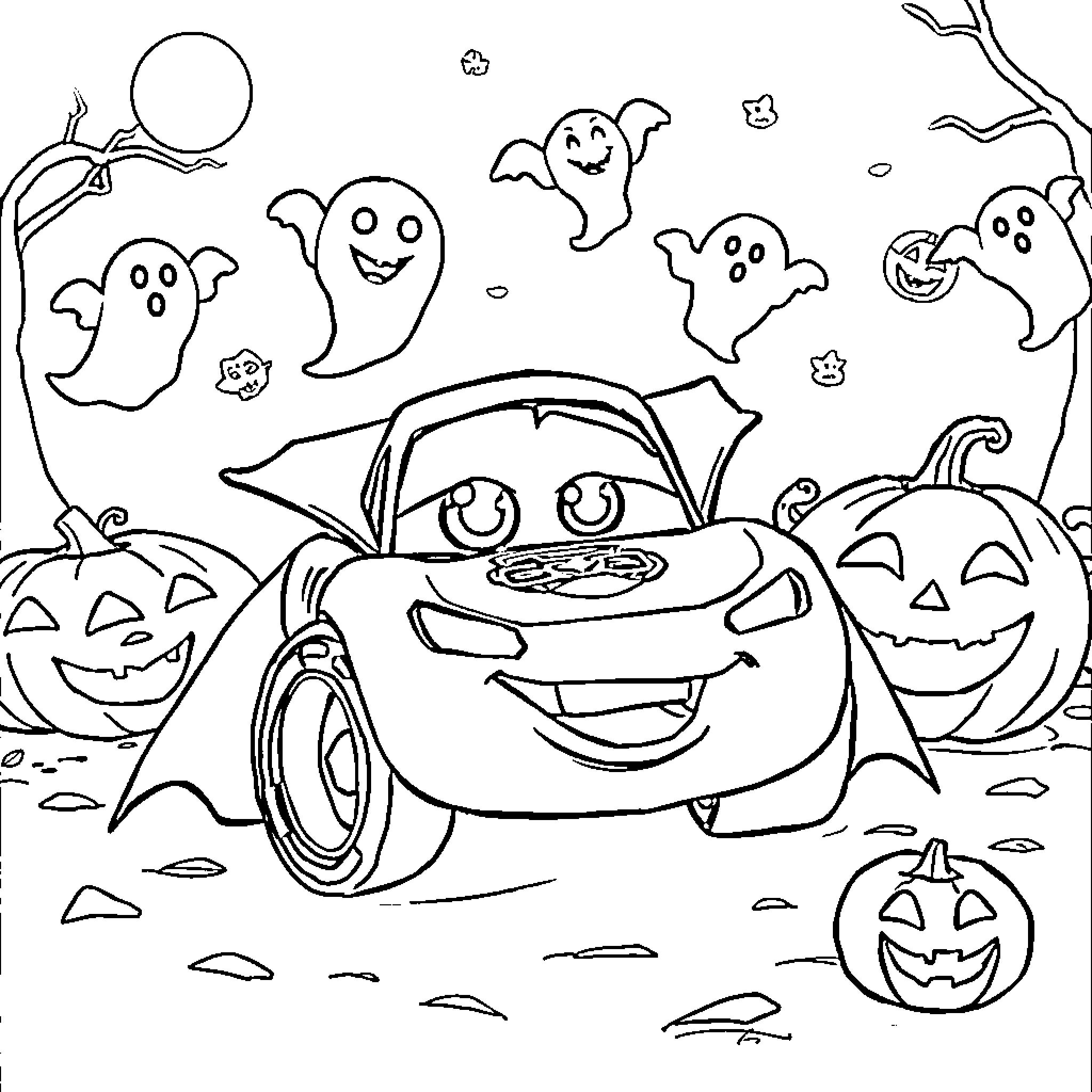 Lightning McQueen's Halloween Adventure Coloring Page (free black-and-white line drawing printable PDF for all, from beginners to advanced learners, including children, teens, adults, and seniors)