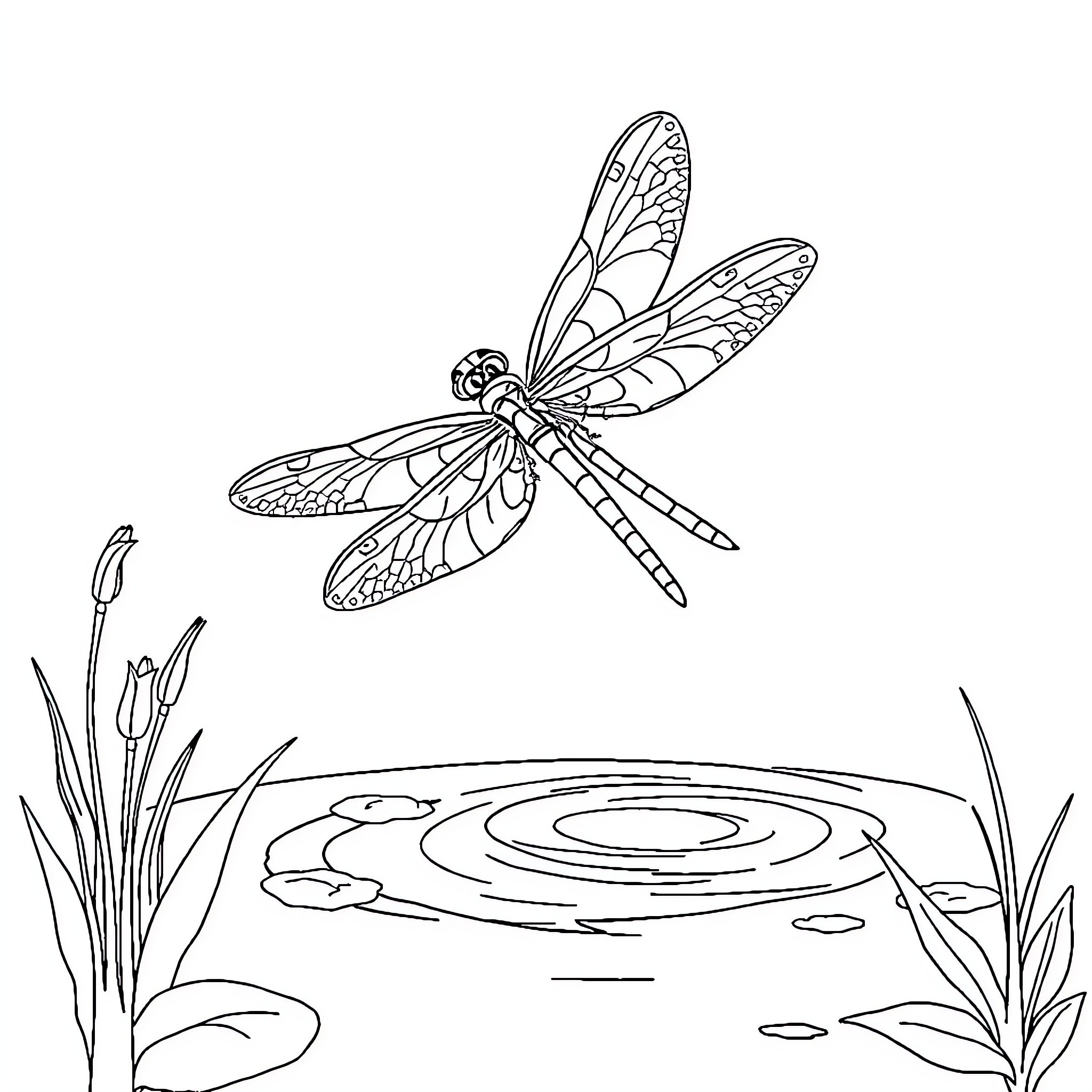 Dragonfly hovering over serene pond Coloring Page (free black-and-white line drawing printable PDF for all, from beginners to advanced learners, including children, teens, adults, and seniors)