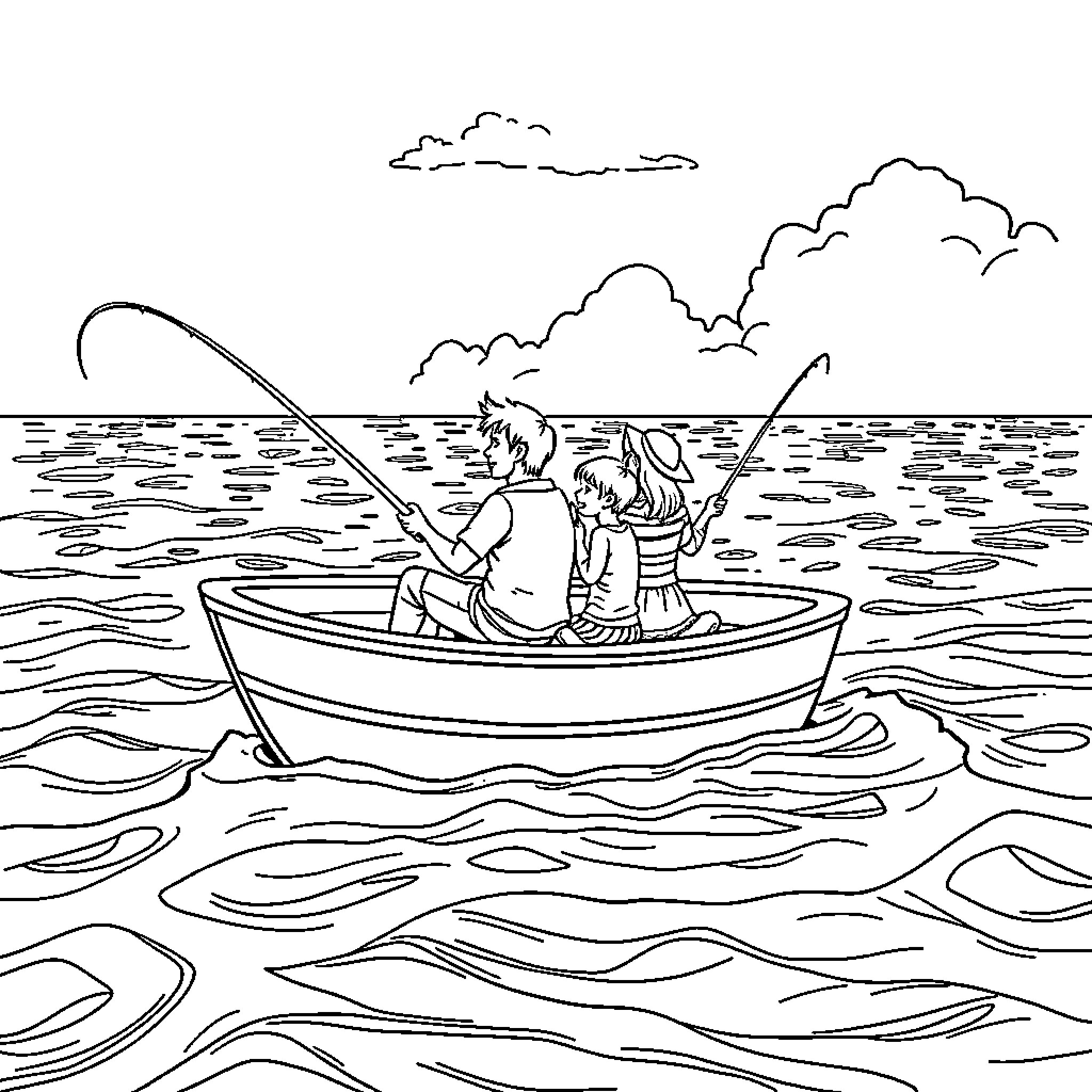 Family Fishing Together on the Lake Coloring Page (free black-and-white line drawing printable PDF for all, from beginners to advanced learners, including children, teens, adults, and seniors)