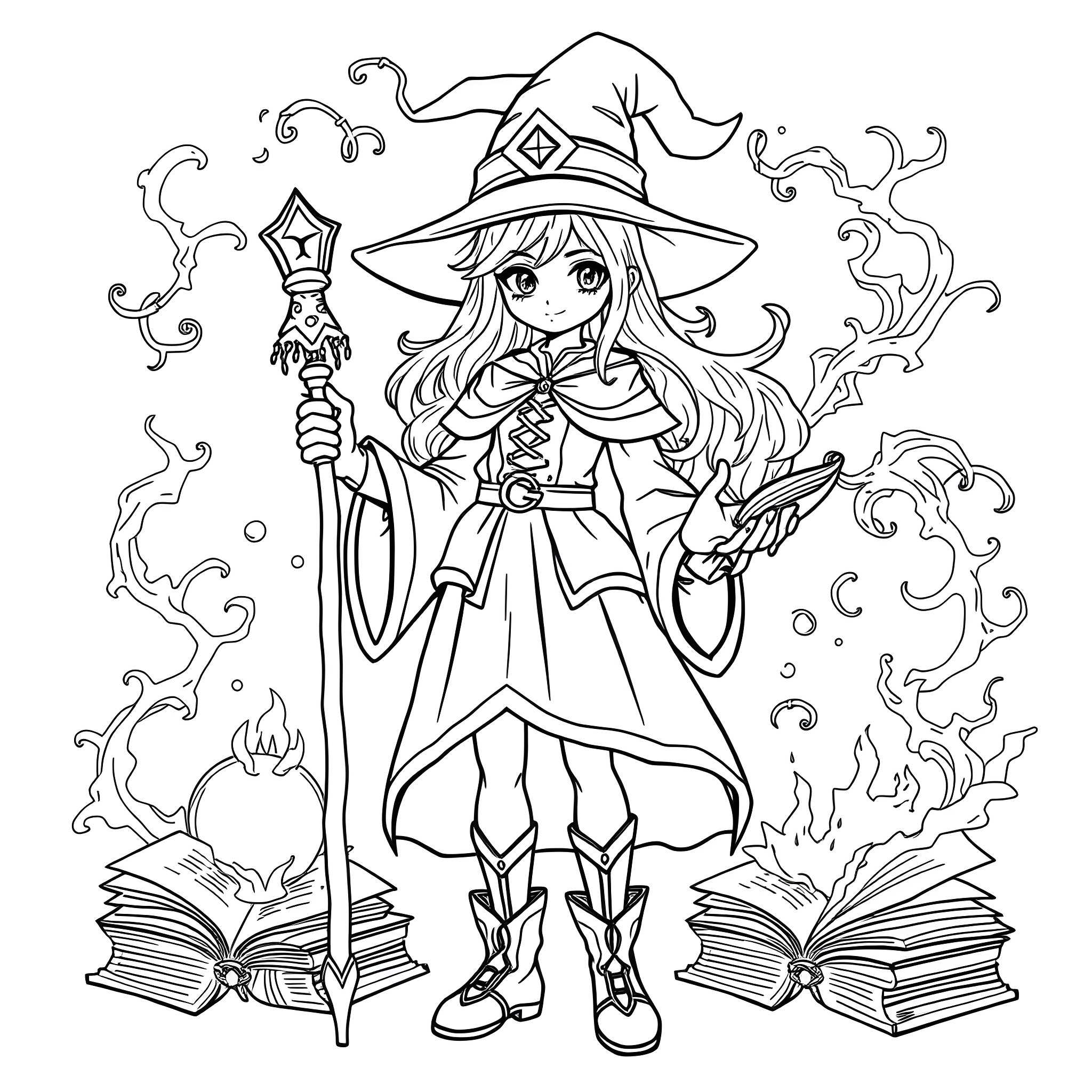 Dark Magician Girl casting a spell with magical books Coloring Page (free black-and-white line drawing printable PDF for all, from beginners to advanced learners, including children, teens, adults, and seniors)