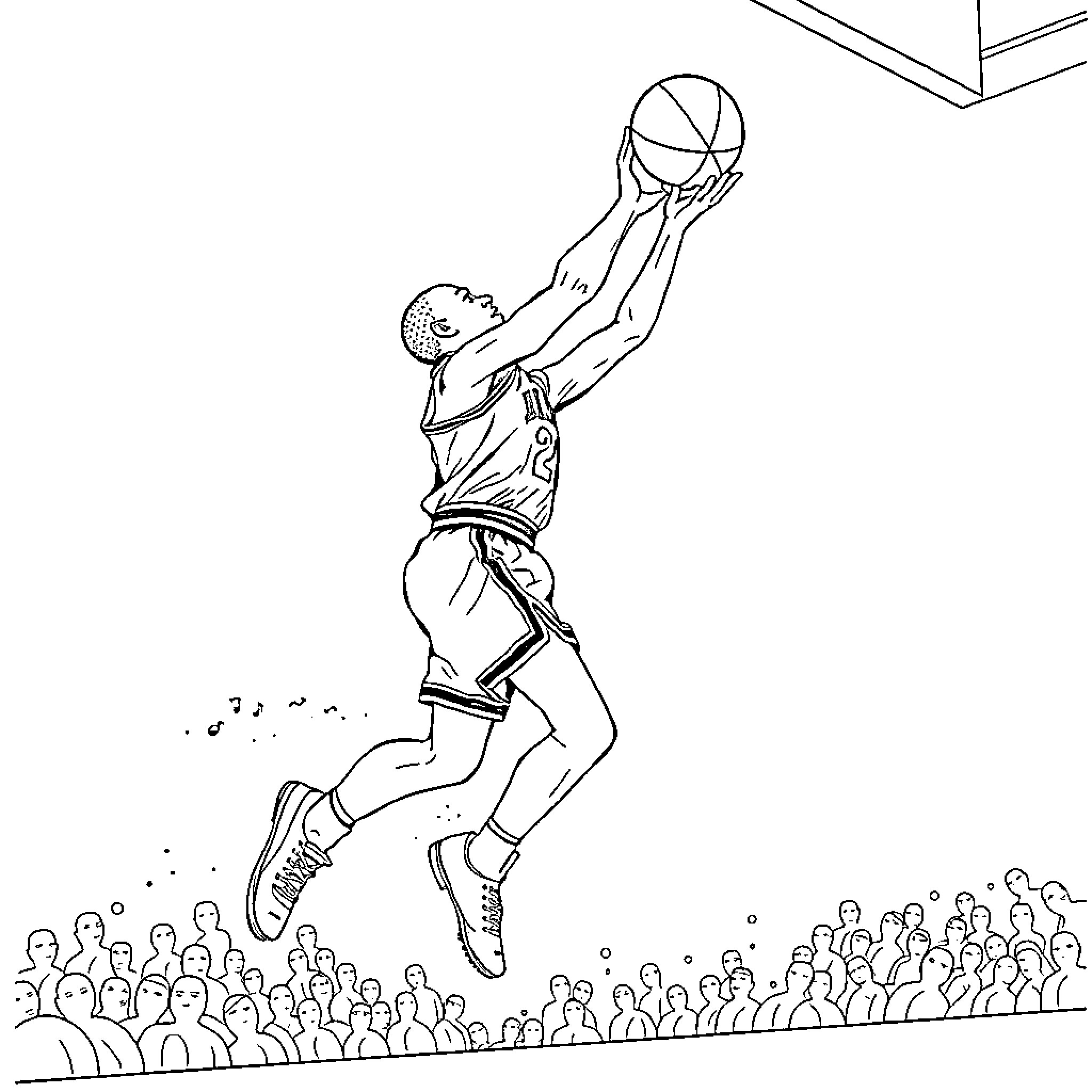 Michael Jordan Basketball Player Dunking with Crowd Coloring Page (free black-and-white line drawing printable PDF for all, from beginners to advanced learners, including children, teens, adults, and seniors)