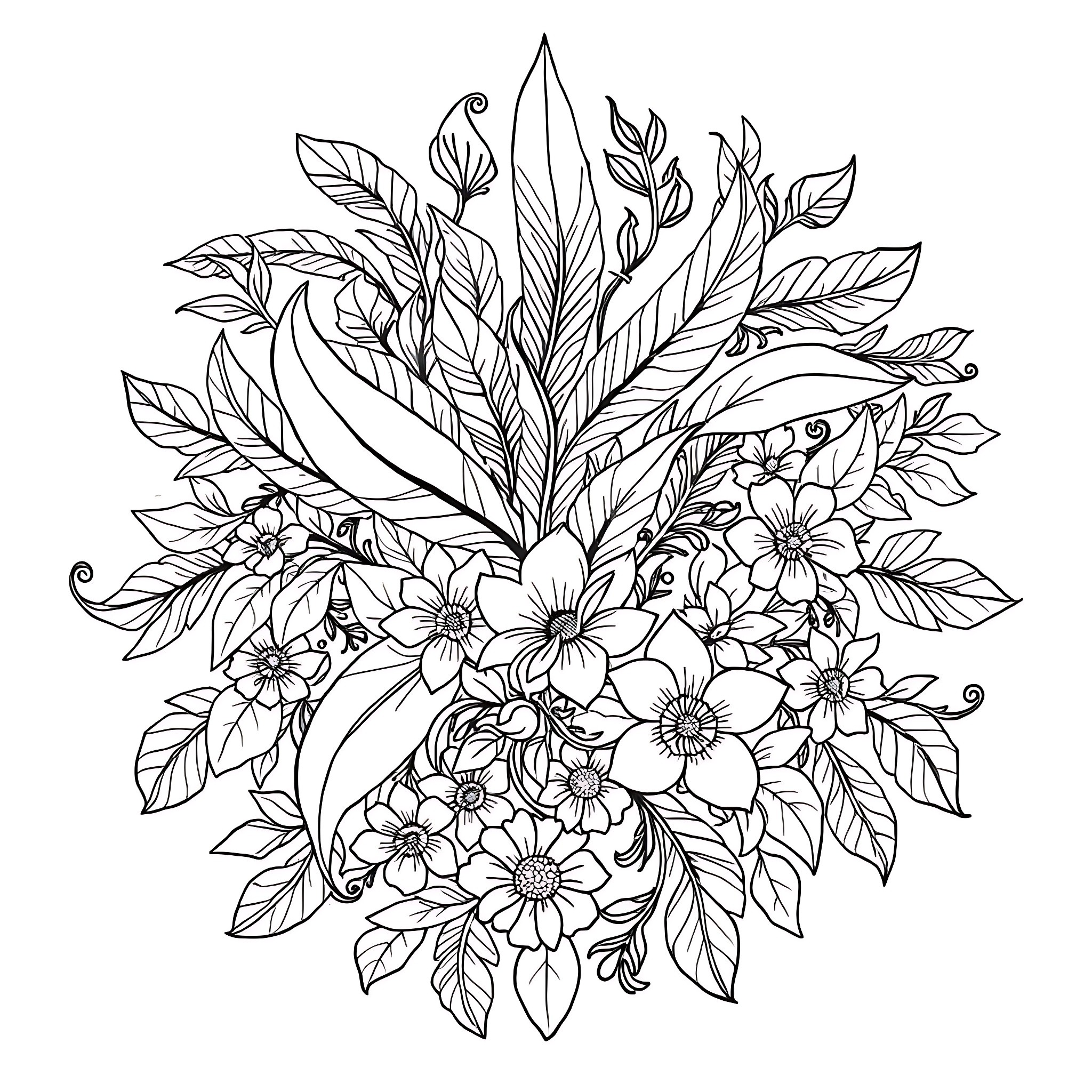 Leaf Floral Bouquet with Flowers and Foliage Coloring Page (free black-and-white line drawing printable PDF for all, from beginners to advanced learners, including children, teens, adults, and seniors)