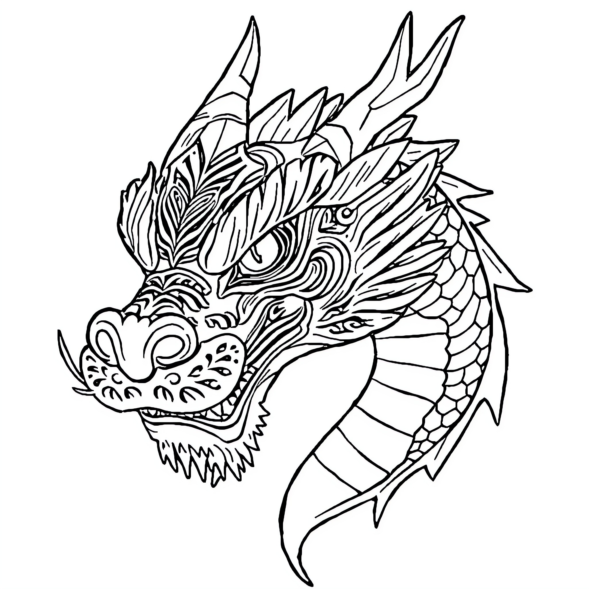 Dragon Ornate Head with Fierce Expression Coloring Page (free black-and-white line drawing printable PDF for all, from beginners to advanced learners, including children, teens, adults, and seniors)
