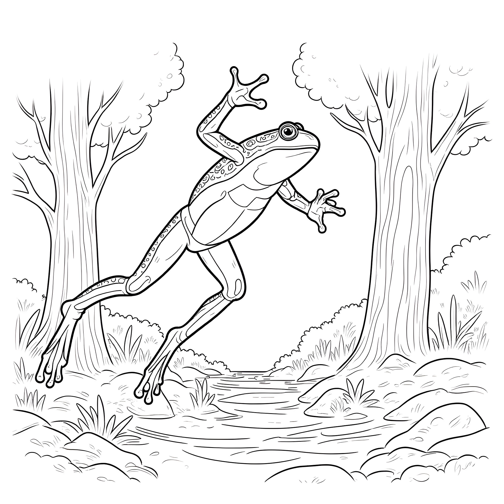 Frog jumping joyfully in the forest Coloring Page (free black-and-white line drawing printable PDF for all, from beginners to advanced learners, including children, teens, adults, and seniors)
