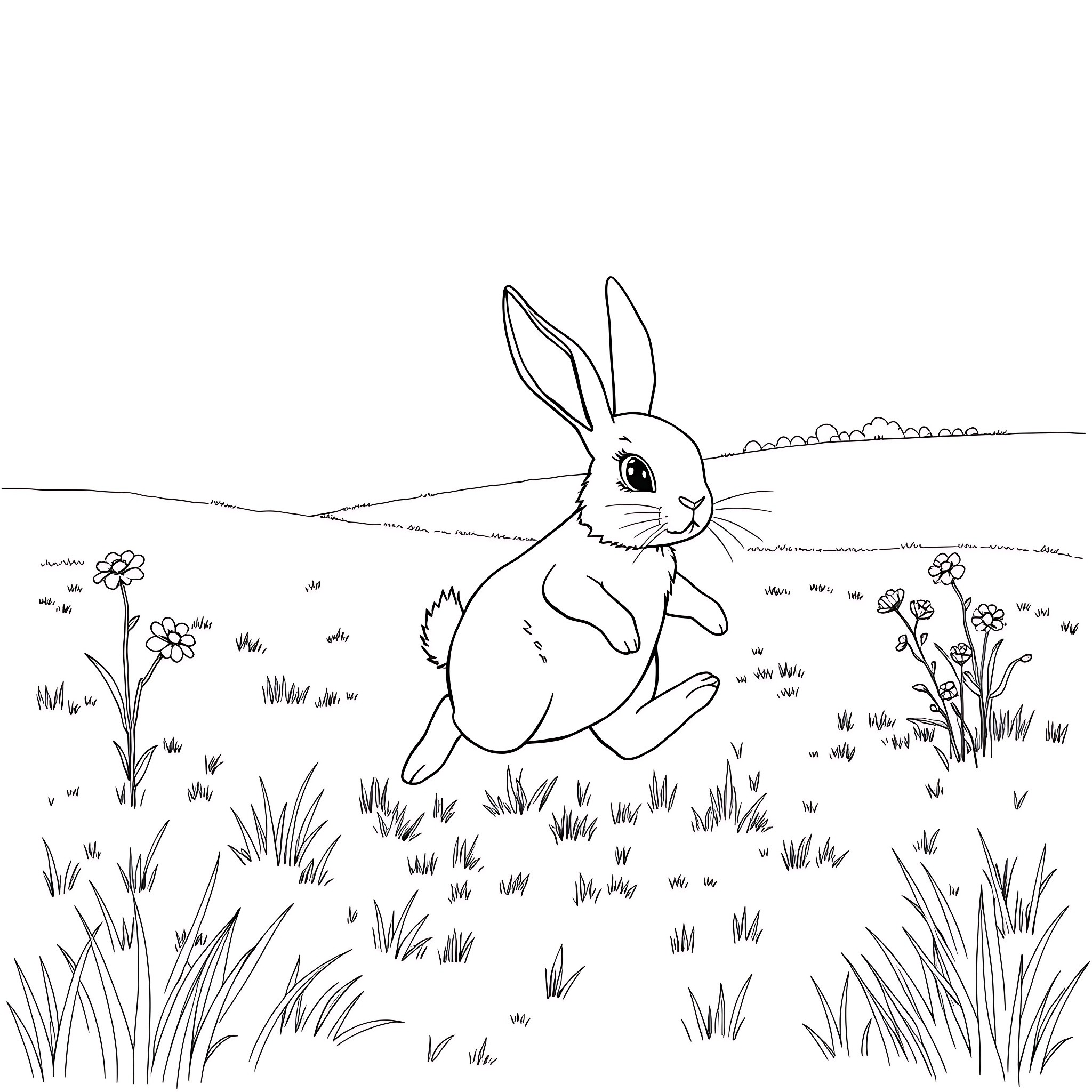 Rabbit hopping through a grassy meadow Coloring Page (free black-and-white line drawing printable PDF for all, from beginners to advanced learners, including children, teens, adults, and seniors)