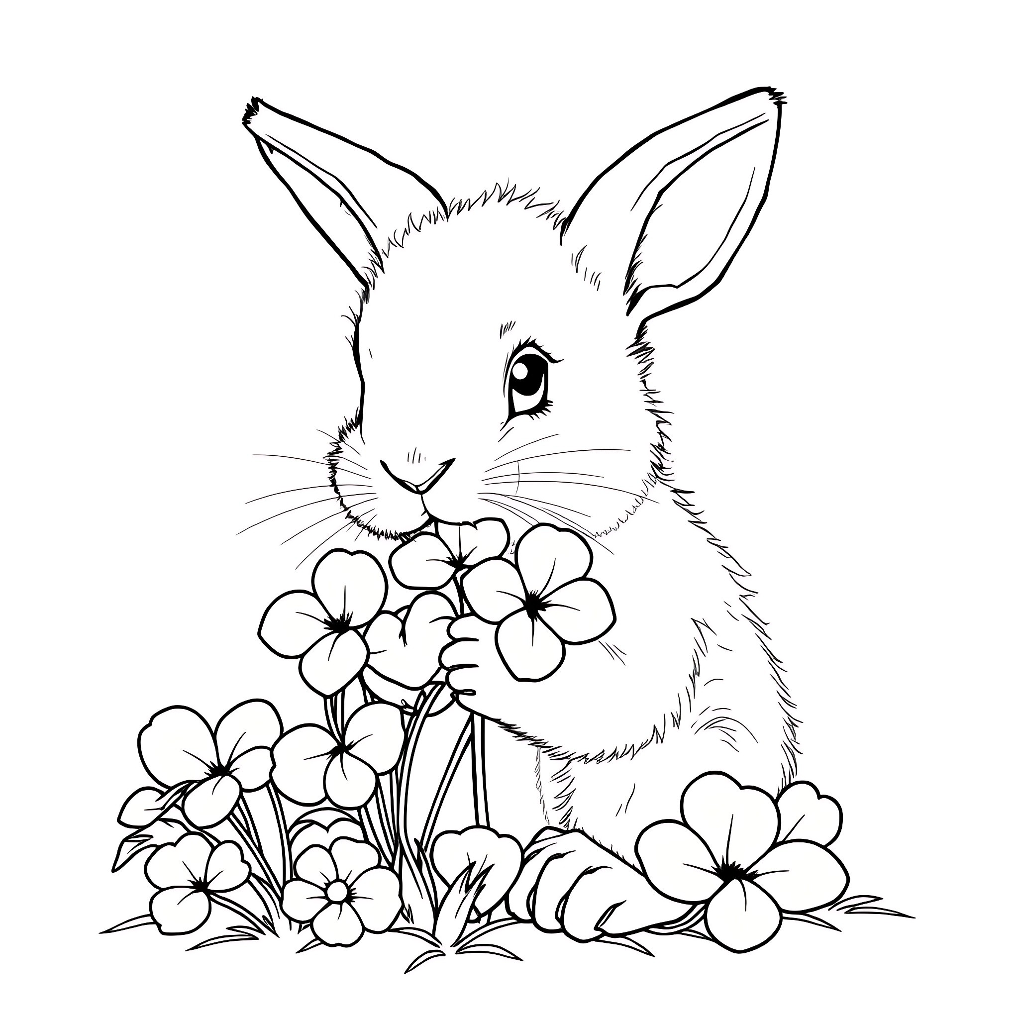 Rabbit holding colorful flowers in garden Coloring Page (free black-and-white line drawing printable PDF for all, from beginners to advanced learners, including children, teens, adults, and seniors)