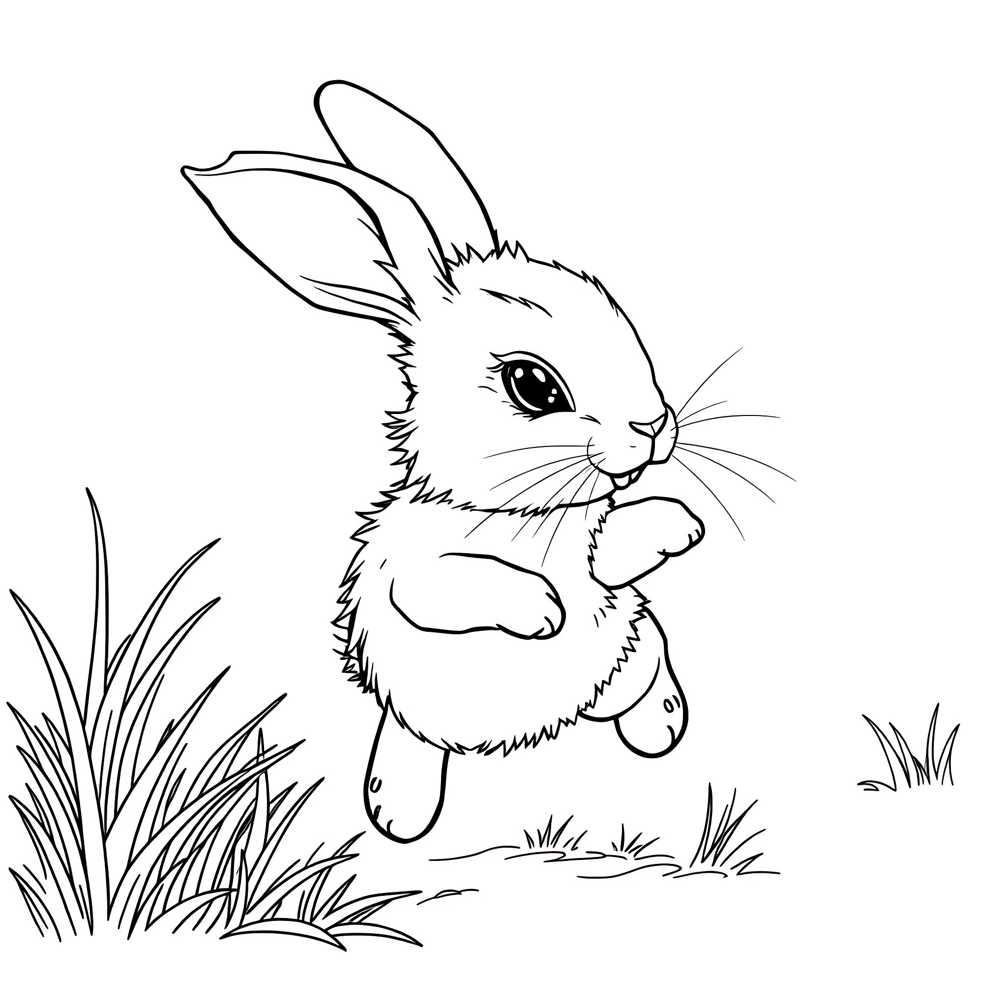 Rabbit hopping joyfully in the grass Coloring Page (free black-and-white line drawing printable PDF for all, from beginners to advanced learners, including children, teens, adults, and seniors)