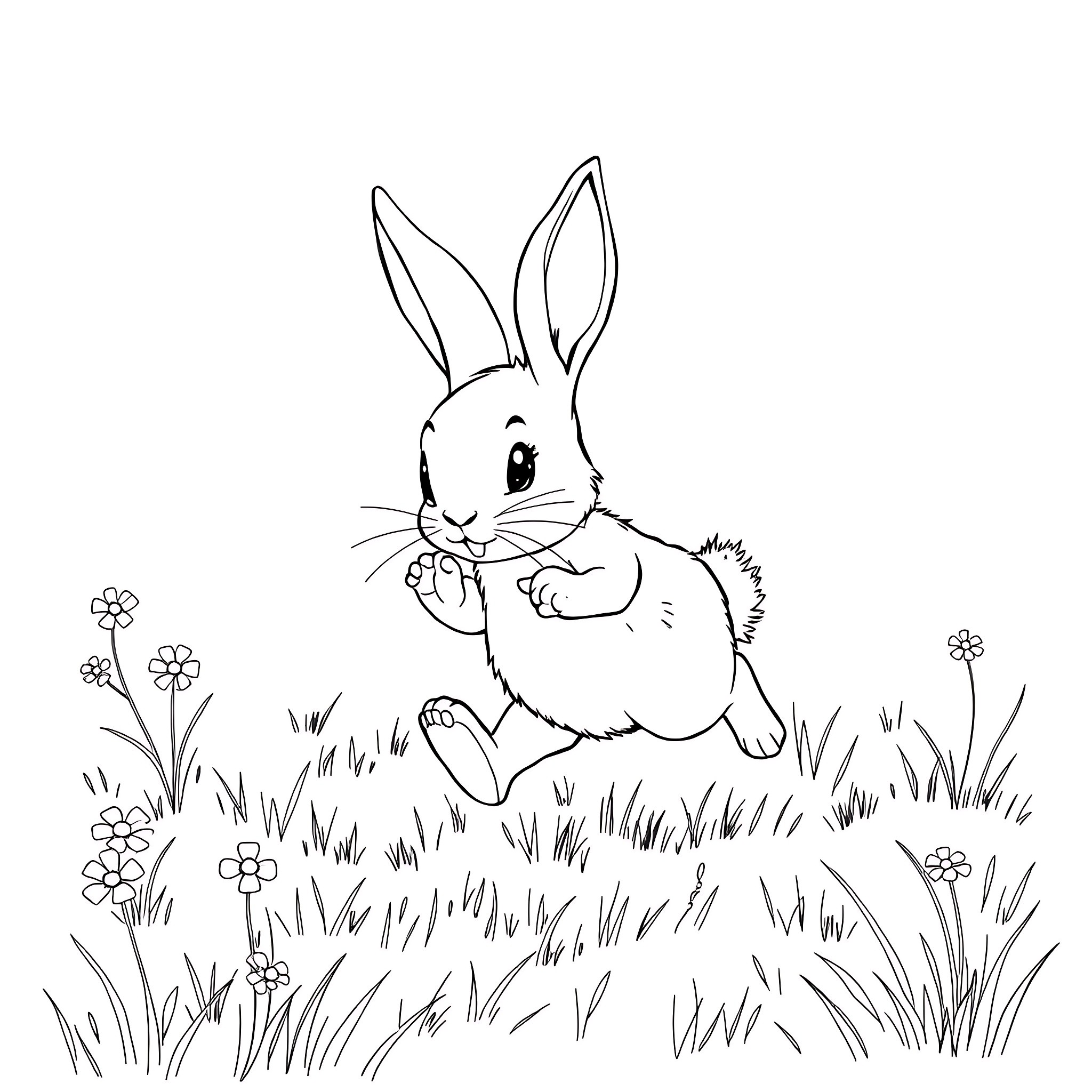 Rabbit hopping through a flowery meadow Coloring Page (free black-and-white line drawing printable PDF for all, from beginners to advanced learners, including children, teens, adults, and seniors)