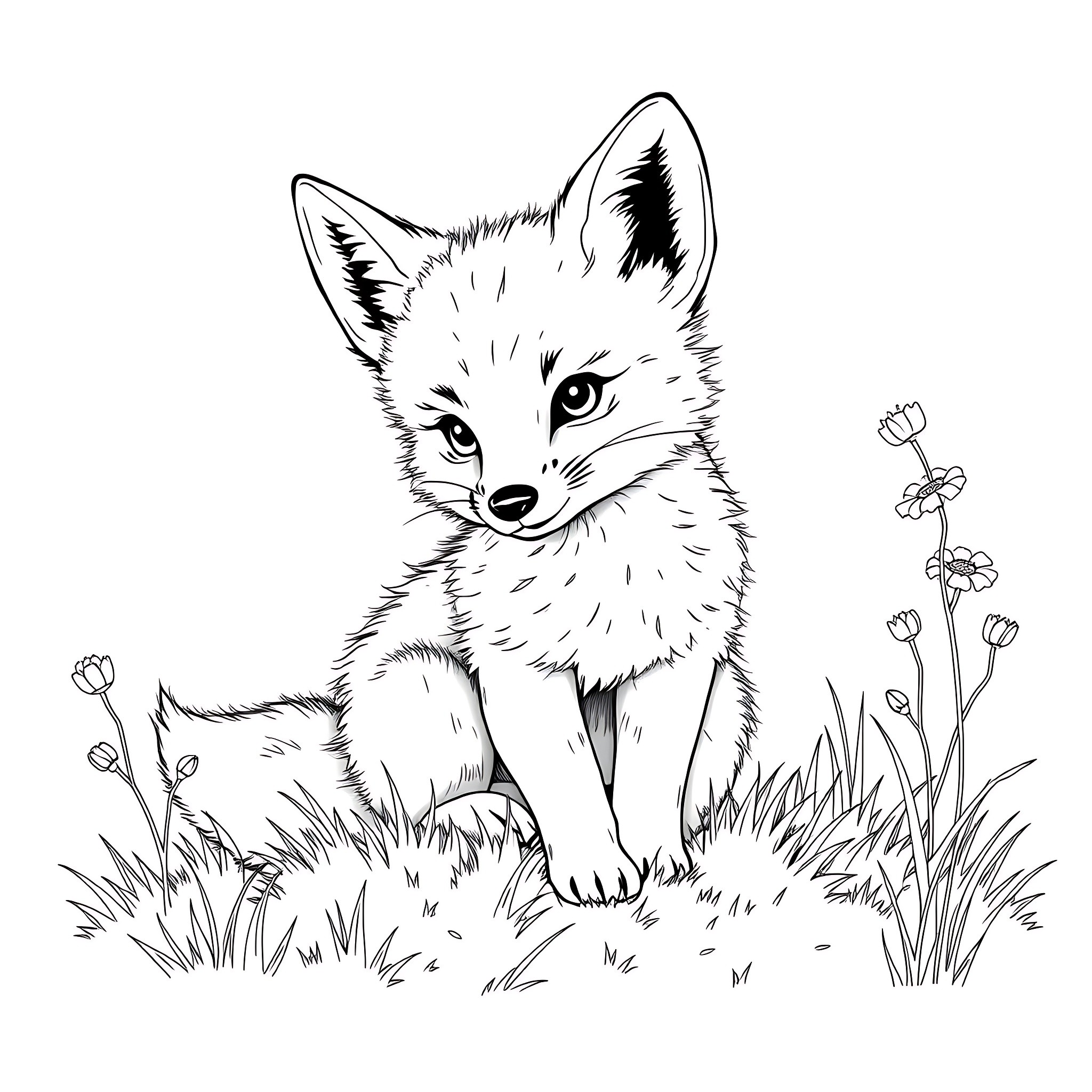Fox peeking curiously in the grass Coloring Page (free black-and-white line drawing printable PDF for all, from beginners to advanced learners, including children, teens, adults, and seniors)