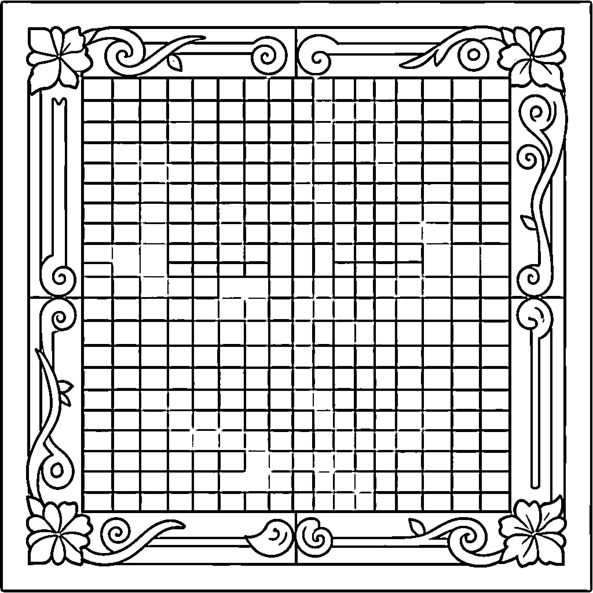 Pixel Grid with Floral Frame Coloring Page (free black-and-white line drawing printable PDF for all, from beginners to advanced learners, including children, teens, adults, and seniors)