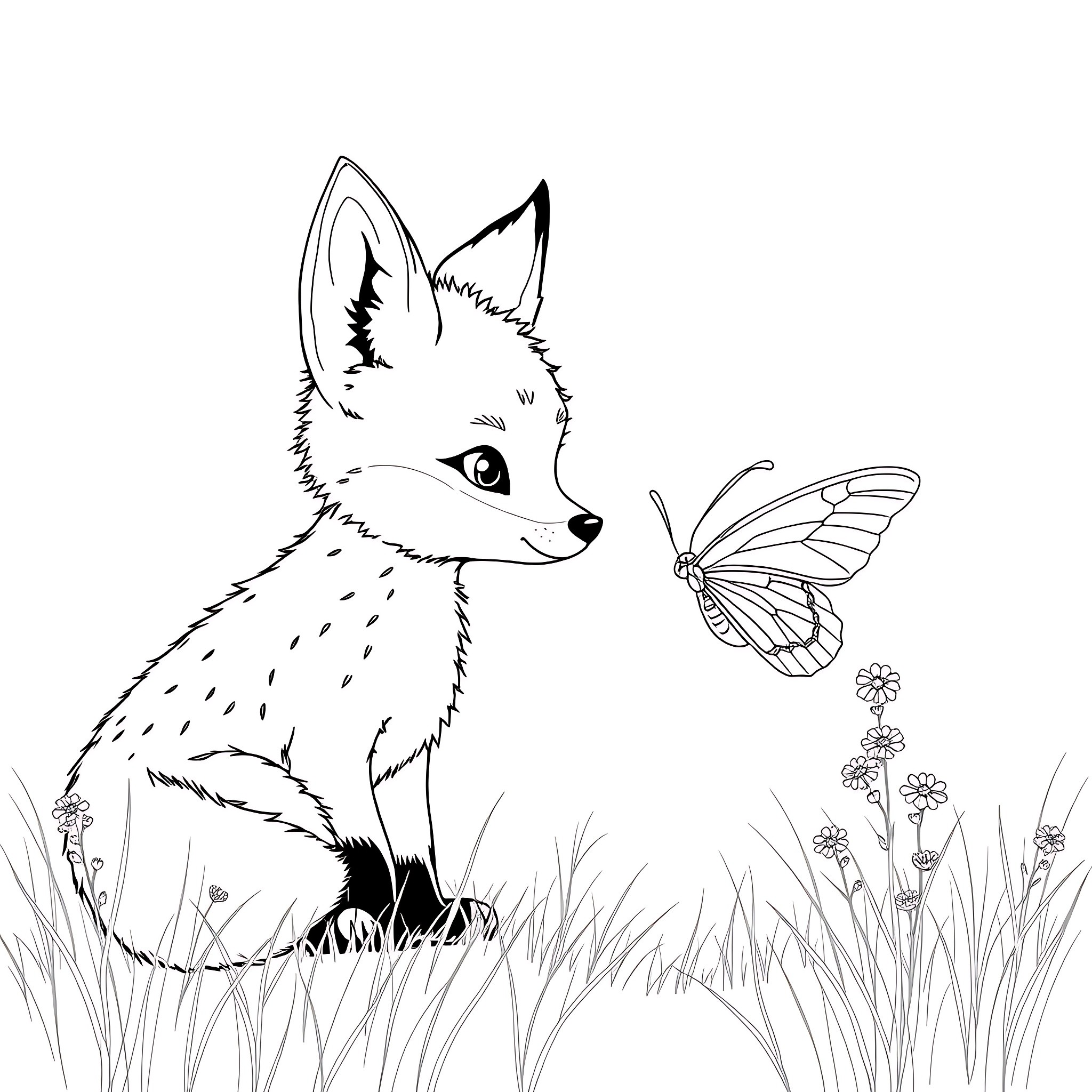 Fox Exploring in the Meadow with Butterfly Coloring Page (free black-and-white line drawing printable PDF for all, from beginners to advanced learners, including children, teens, adults, and seniors)