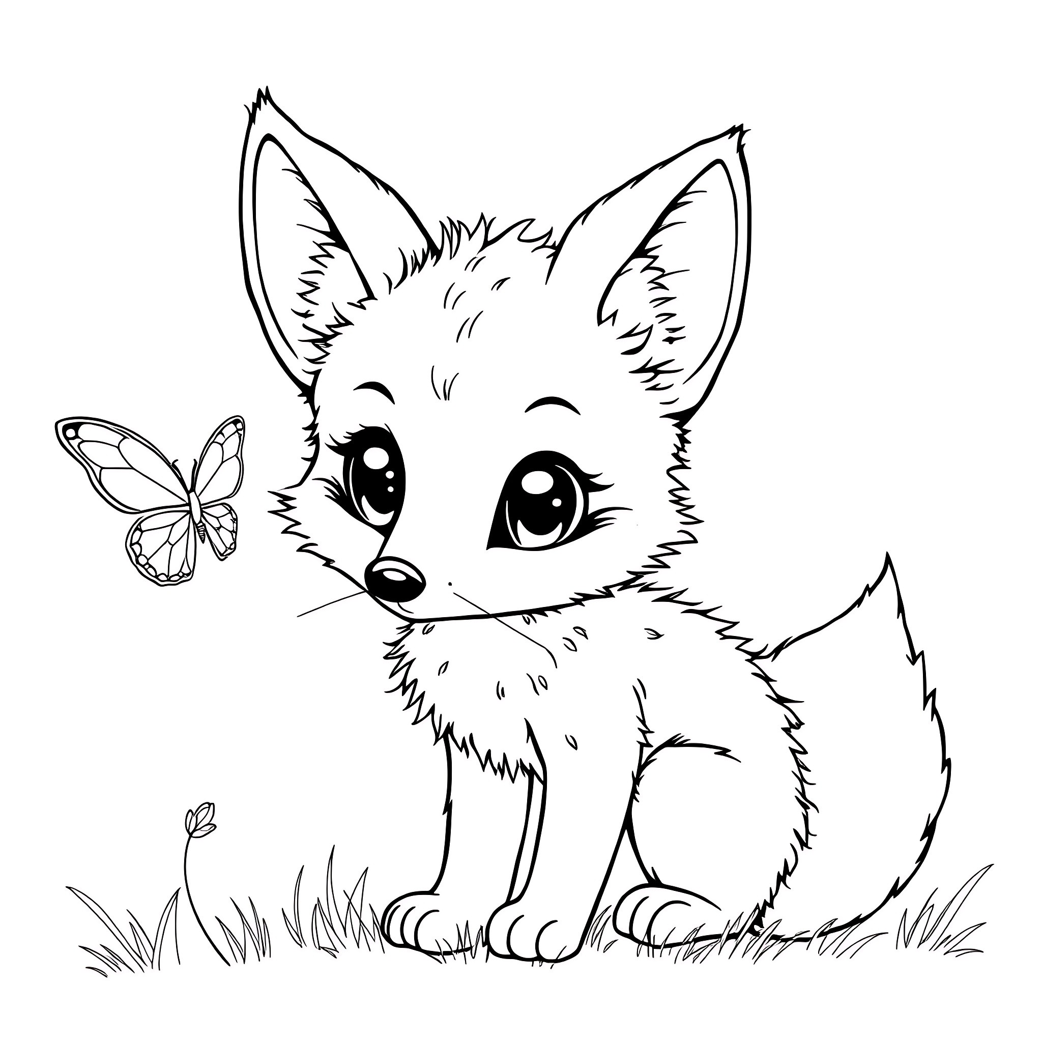 Fox with a butterfly in nature Coloring Page (free black-and-white line drawing printable PDF for all, from beginners to advanced learners, including children, teens, adults, and seniors)