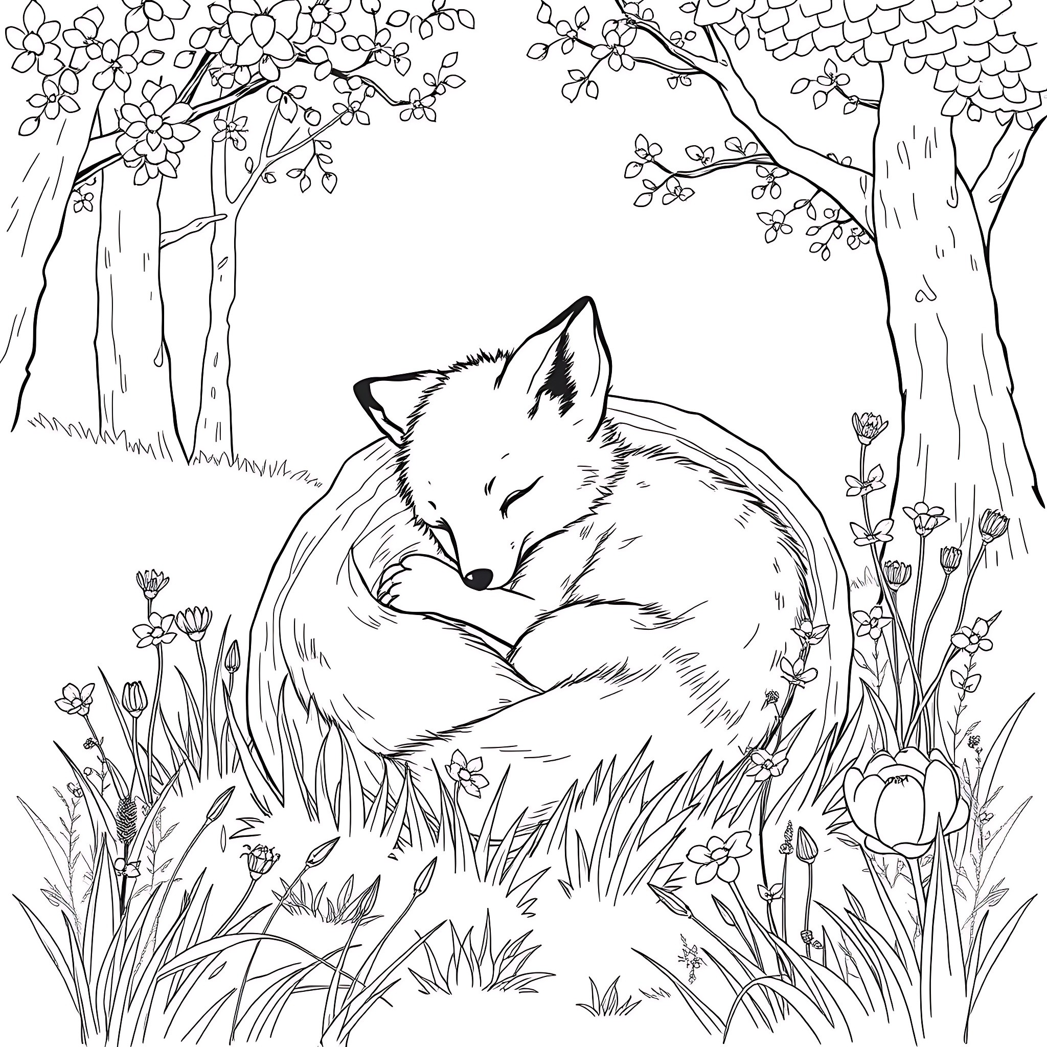 Fox sleeping peacefully in the forest Coloring Page (free black-and-white line drawing printable PDF for all, from beginners to advanced learners, including children, teens, adults, and seniors)
