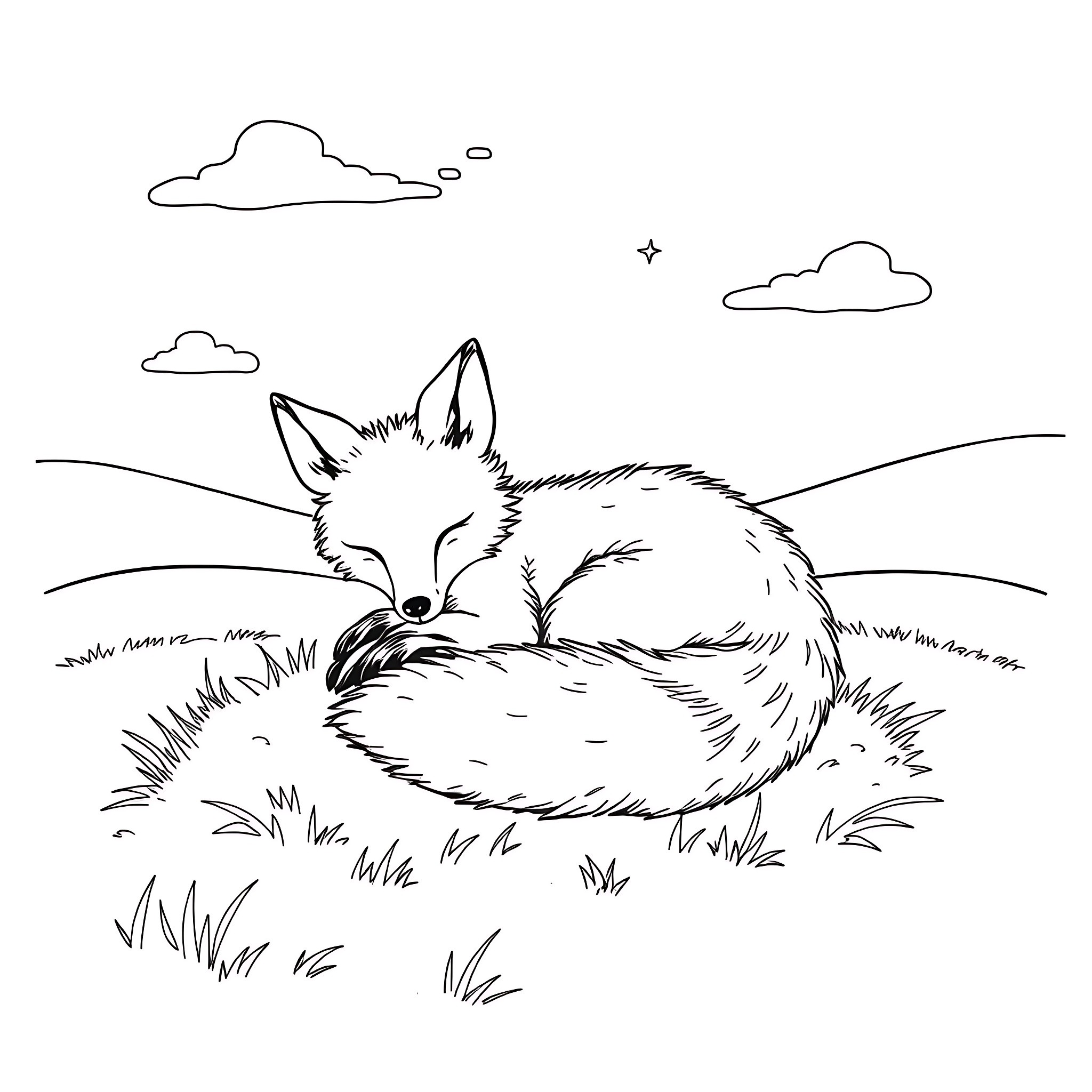 Baby Fox resting peacefully in the meadow Coloring Page (free black-and-white line drawing printable PDF for all, from beginners to advanced learners, including children, teens, adults, and seniors)