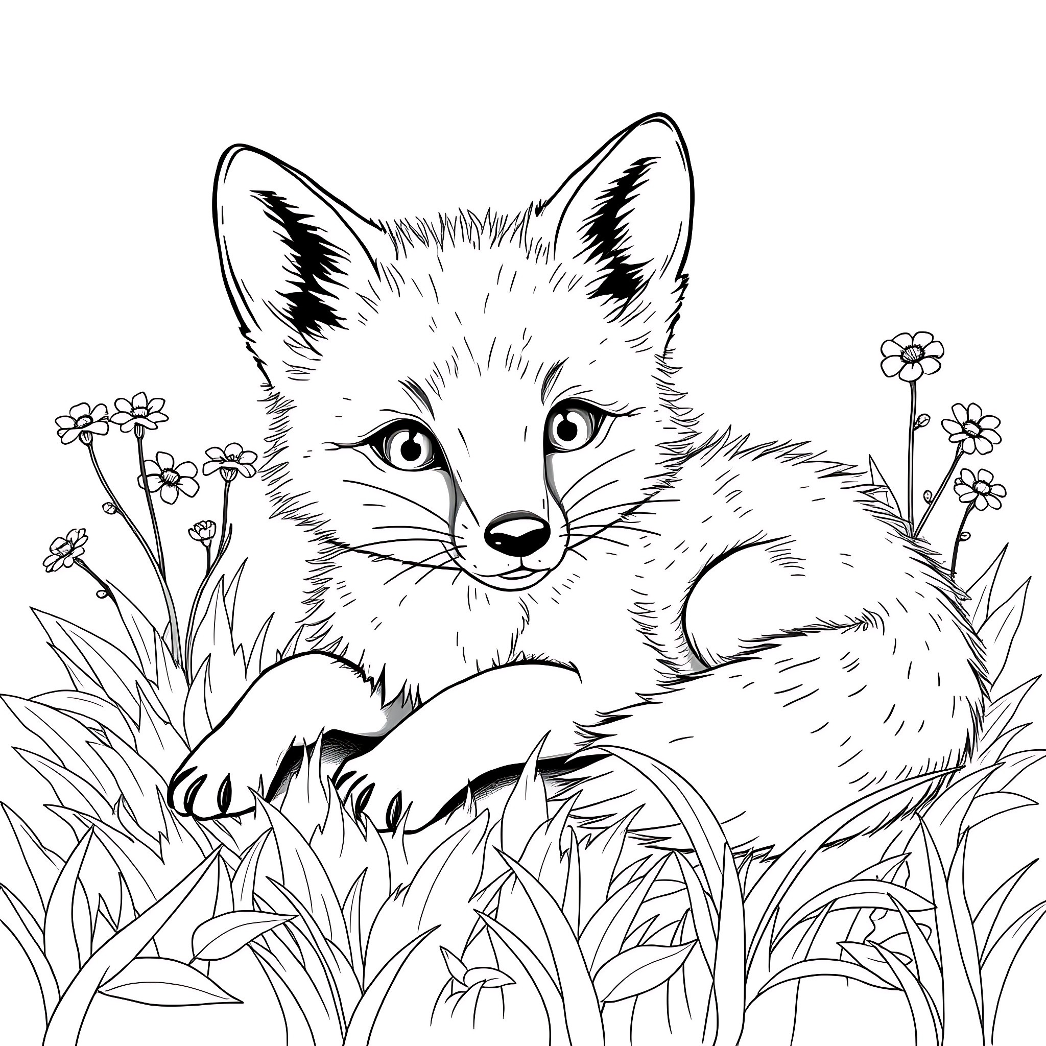 Fox relaxing in the meadow with flowers Coloring Page (free black-and-white line drawing printable PDF for all, from beginners to advanced learners, including children, teens, adults, and seniors)