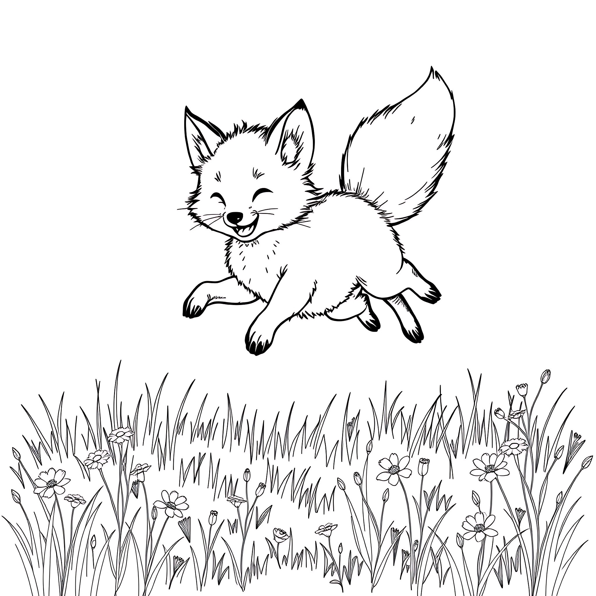 Baby Fox Playfully Leaping Through a Meadow Coloring Page (free black-and-white line drawing printable PDF for all, from beginners to advanced learners, including children, teens, adults, and seniors)