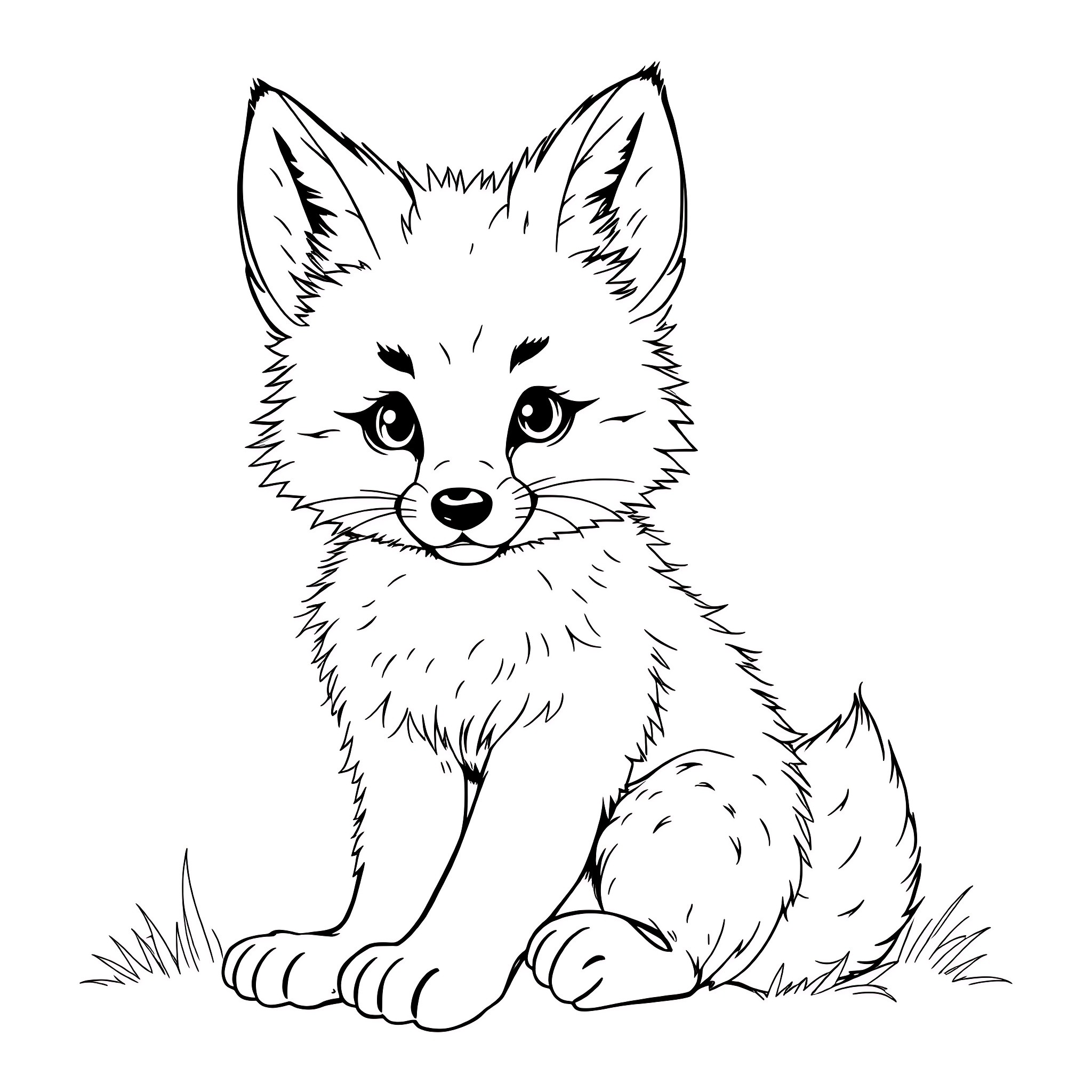 Baby Fox Sitting Attentively in the Grass Coloring Page (free black-and-white line drawing printable PDF for all, from beginners to advanced learners, including children, teens, adults, and seniors)