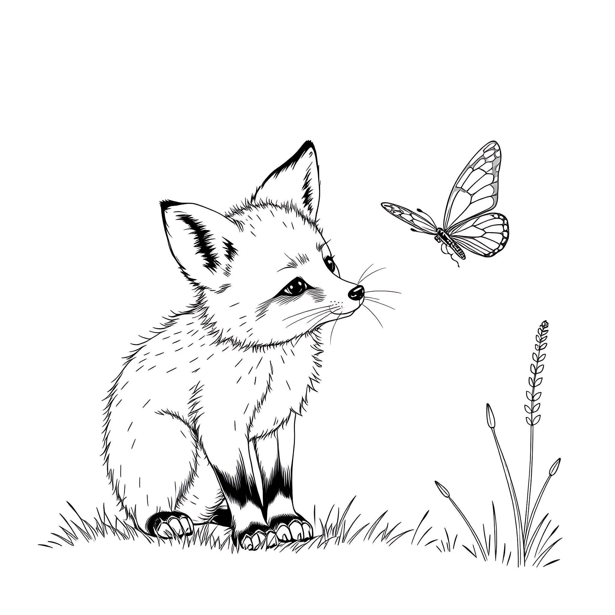 Fox watching a butterfly in the meadow Coloring Page (free black-and-white line drawing printable PDF for all, from beginners to advanced learners, including children, teens, adults, and seniors)