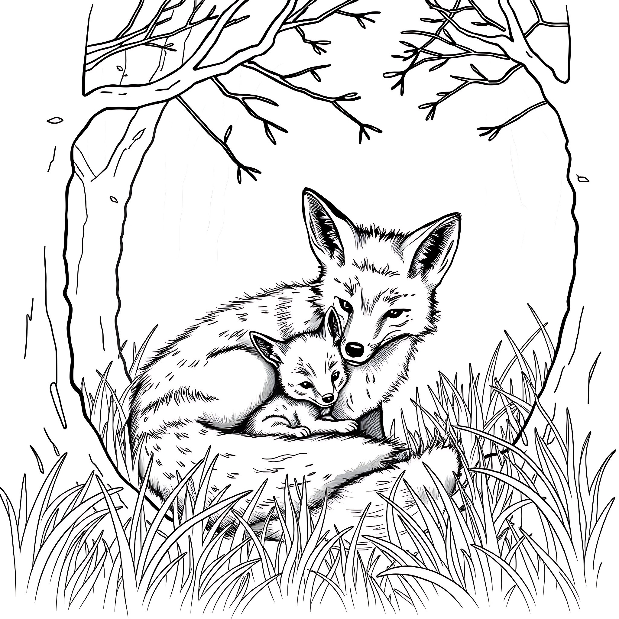 Fox and her kit enjoying the woodland scene Coloring Page (free black-and-white line drawing printable PDF for all, from beginners to advanced learners, including children, teens, adults, and seniors)