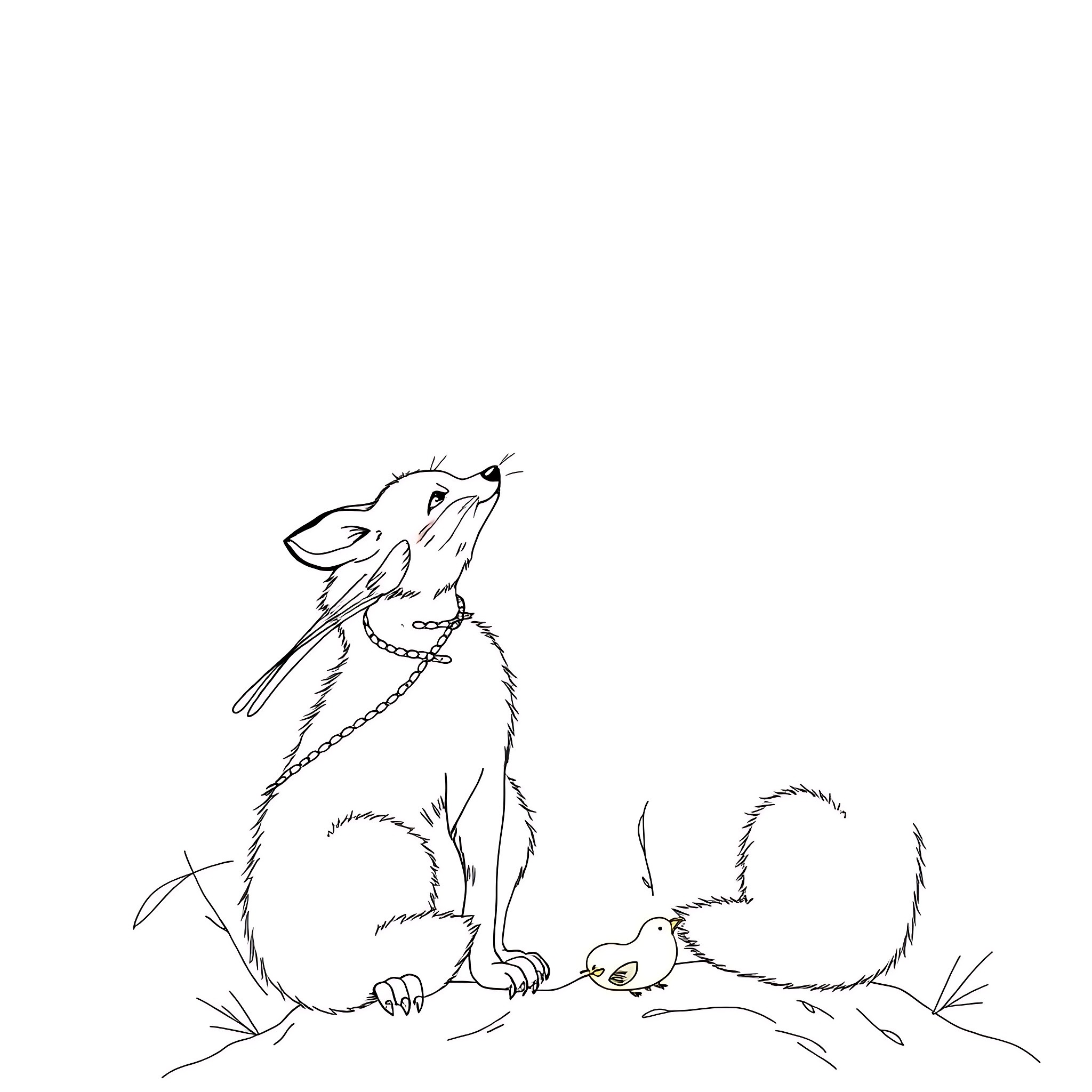 Baby Fox exploring the outdoors Coloring Page (free black-and-white line drawing printable PDF for all, from beginners to advanced learners, including children, teens, adults, and seniors)