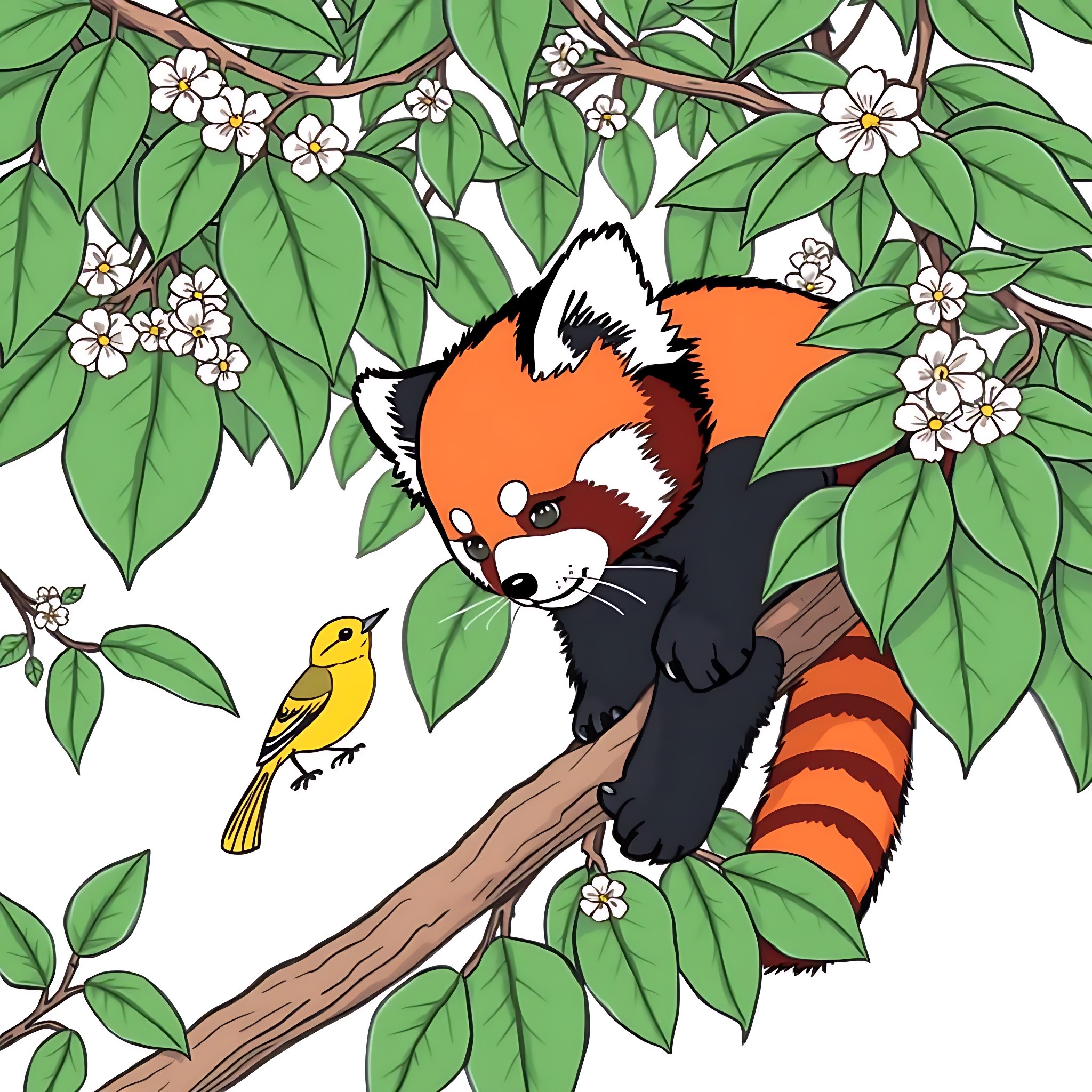 Red Panda napping peacefully in a tree with flowers Coloring Page (free black-and-white line drawing printable PDF for all, from beginners to advanced learners, including children, teens, adults, and seniors)