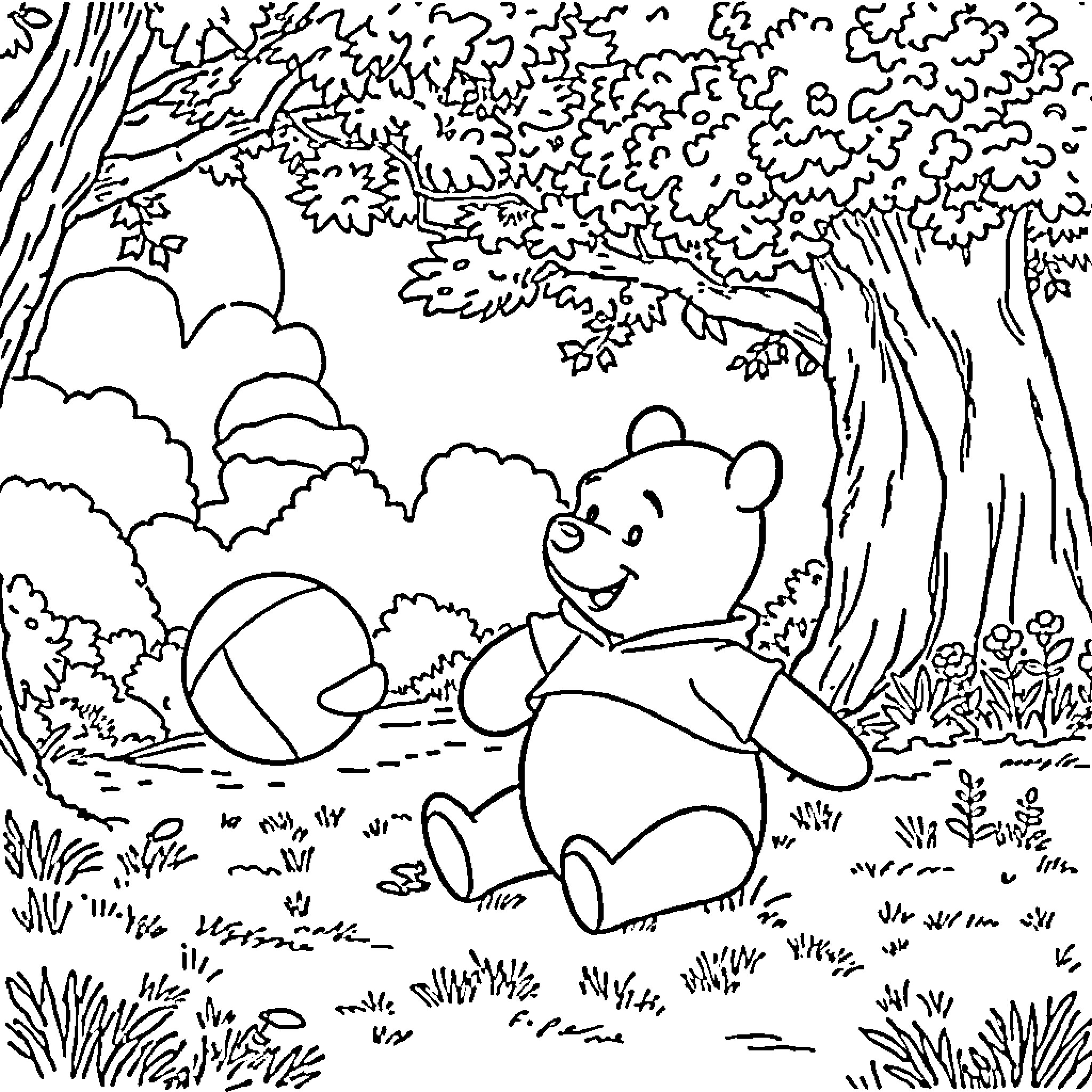 Winnie The Pooh enjoying a peaceful day in the forest Coloring Page (free black-and-white line drawing printable PDF for all, from beginners to advanced learners, including children, teens, adults, and seniors)
