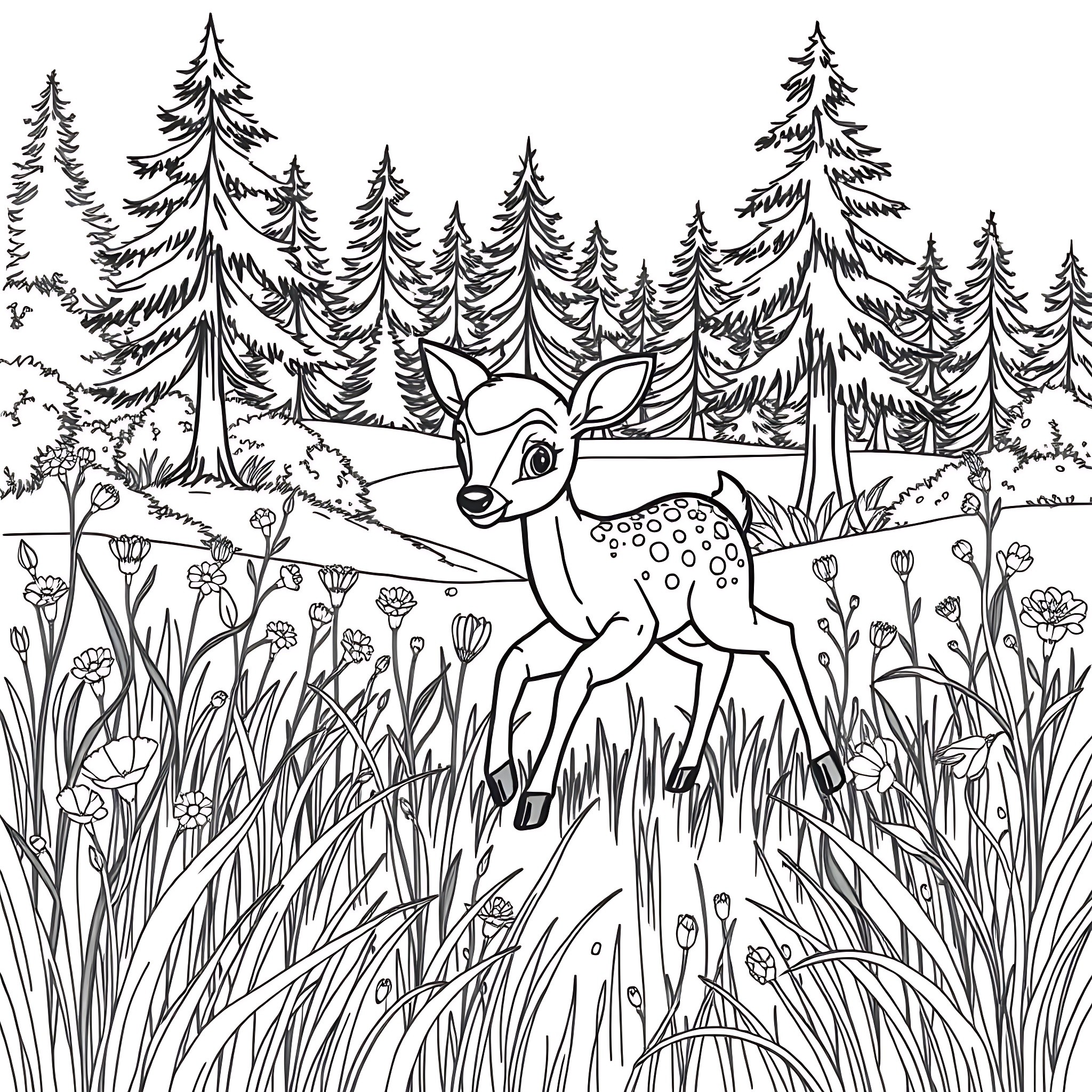 Baby Deer exploring the forest meadow Coloring Page (free black-and-white line drawing printable PDF for all, from beginners to advanced learners, including children, teens, adults, and seniors)