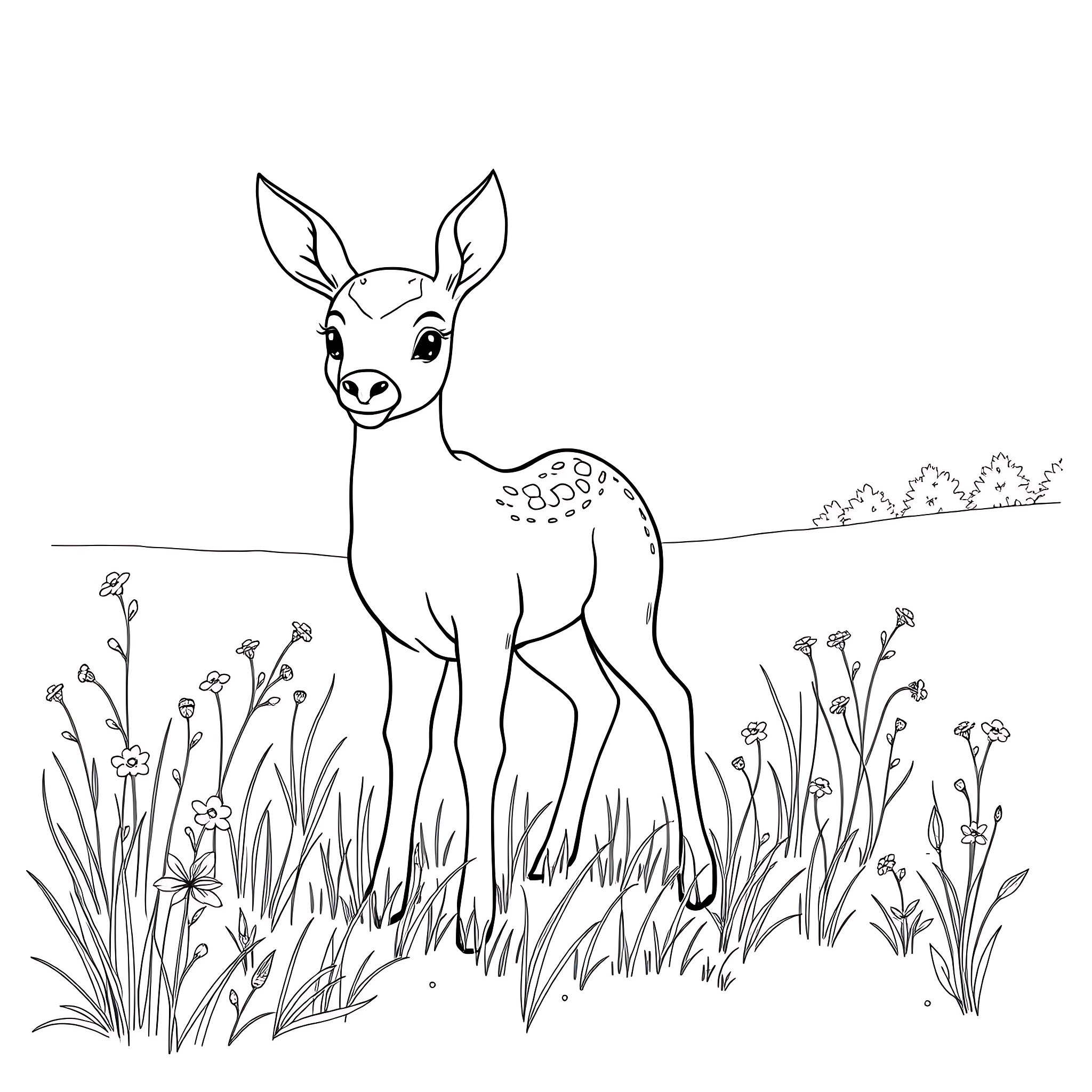 Baby Deer Exploring the Meadow Coloring Page (free black-and-white line drawing printable PDF for all, from beginners to advanced learners, including children, teens, adults, and seniors)