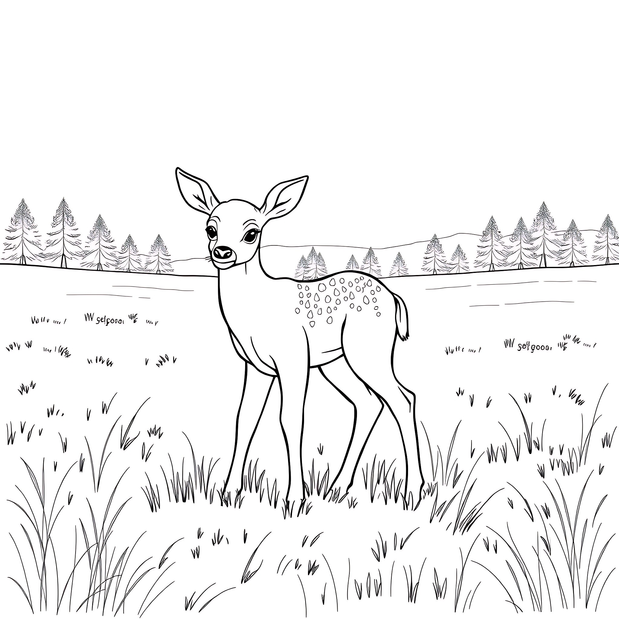 Baby Deer in a Peaceful Forest Landscape Coloring Page (free black-and-white line drawing printable PDF for all, from beginners to advanced learners, including children, teens, adults, and seniors)