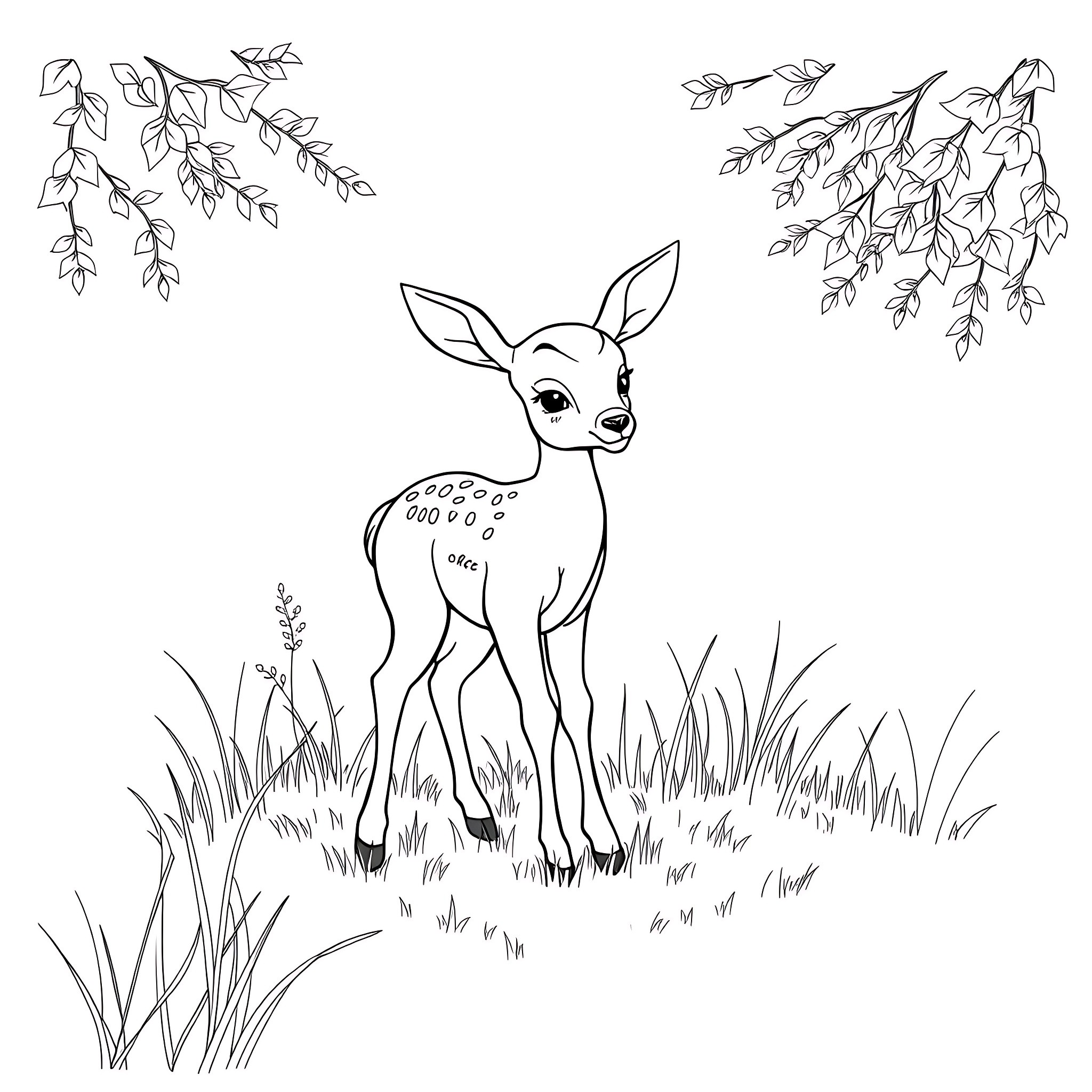 Deer in a Peaceful Nature Scene Coloring Page (free black-and-white line drawing printable PDF for all, from beginners to advanced learners, including children, teens, adults, and seniors)