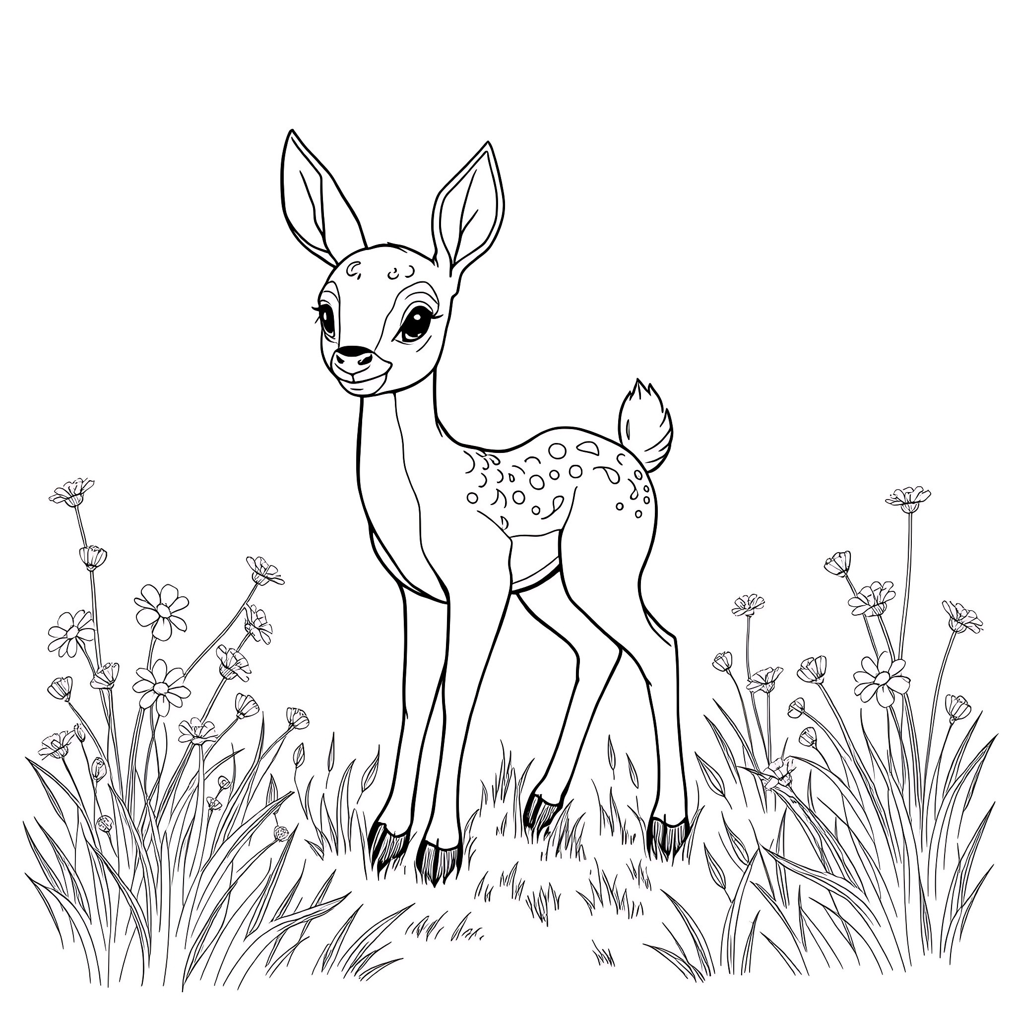 Baby Deer standing in a meadow of flowers Coloring Page (free black-and-white line drawing printable PDF for all, from beginners to advanced learners, including children, teens, adults, and seniors)